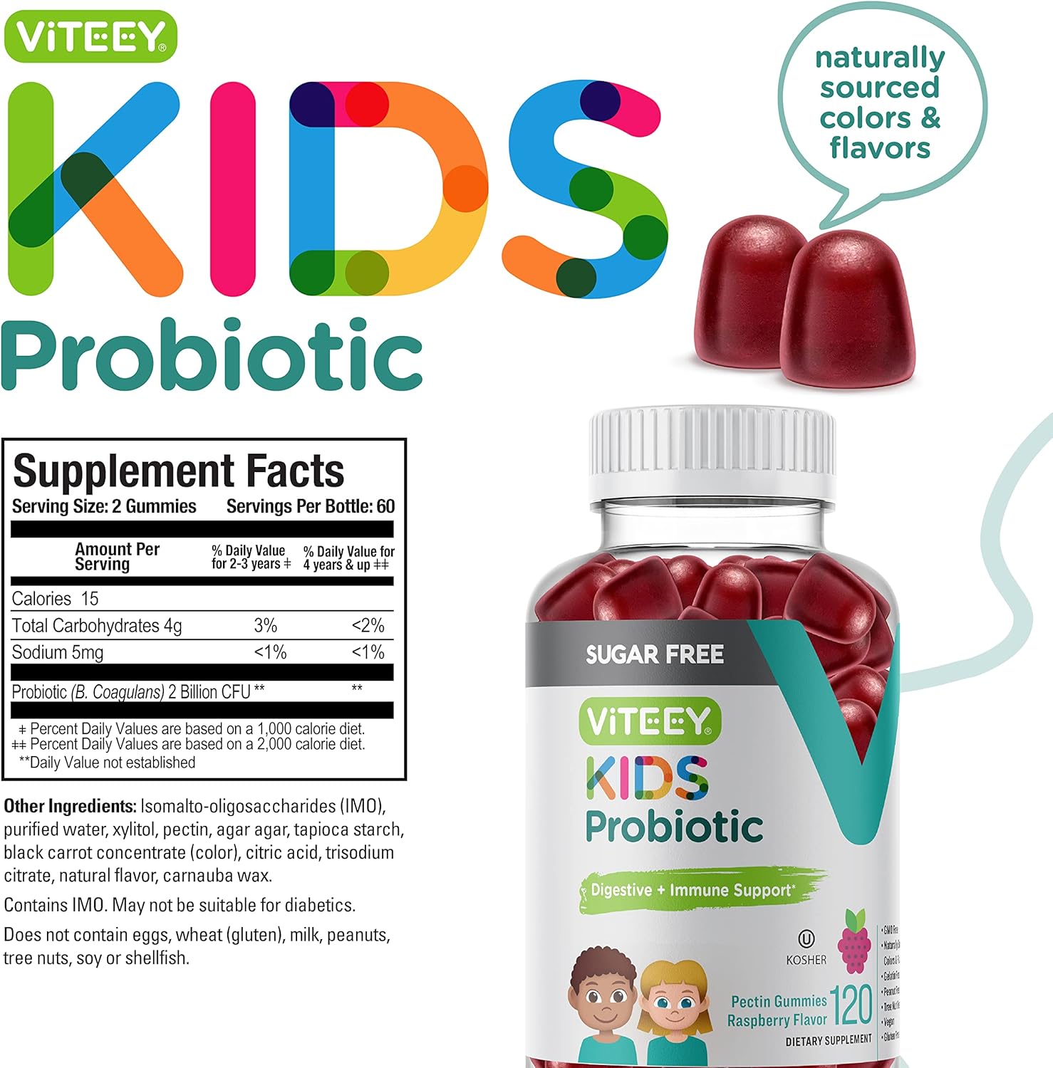 Viteey Probiotic Gummies for Kids - 2 Billion CFUs - Natural Constipation Relief, Immune & Digestive Health Support - Vegan & GMO Free - Raspberry Flavored Gummy