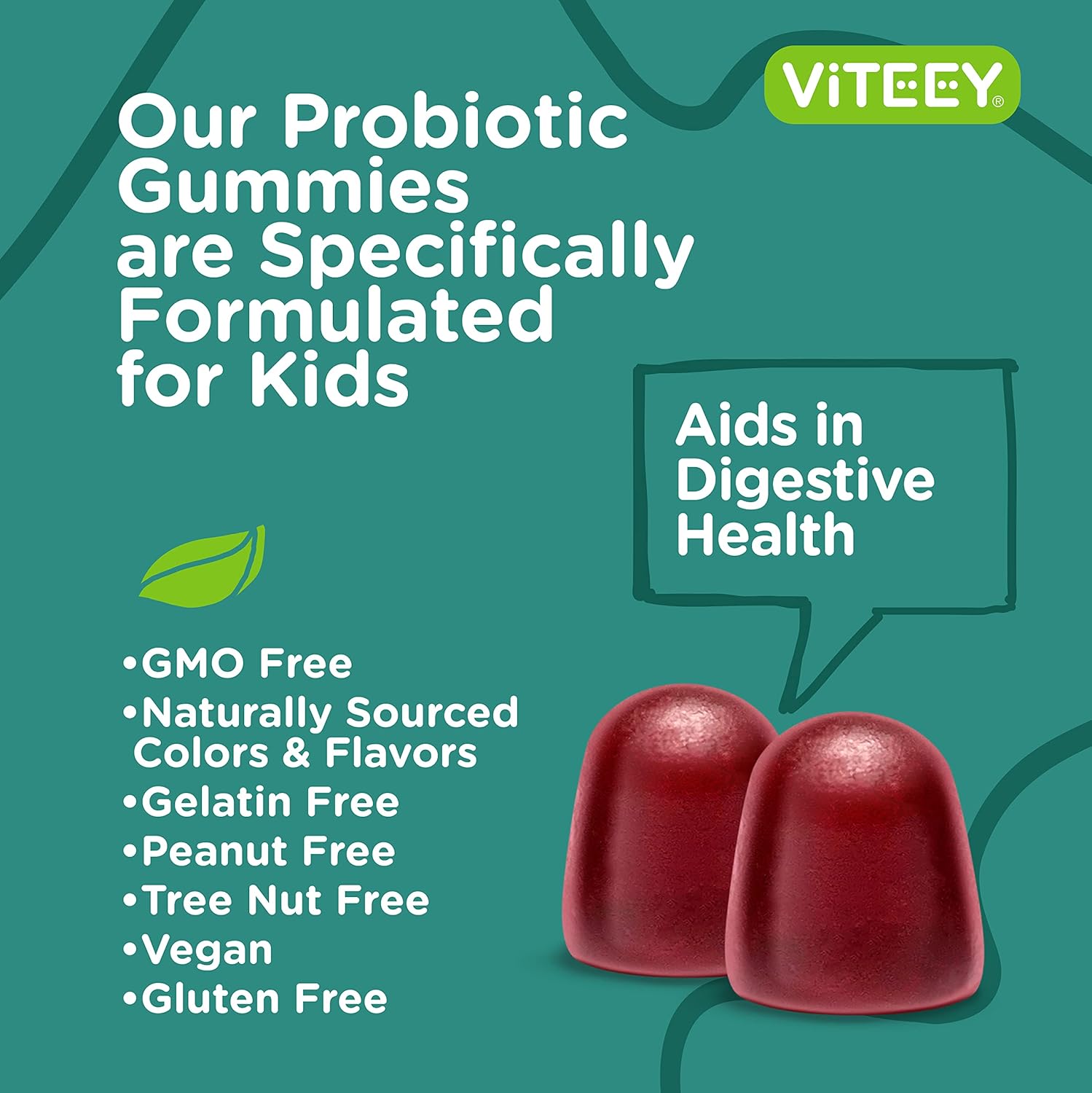 Viteey Probiotic Gummies for Kids - 2 Billion CFUs - Natural Constipation Relief, Immune & Digestive Health Support - Vegan & GMO Free - Raspberry Flavored Gummy