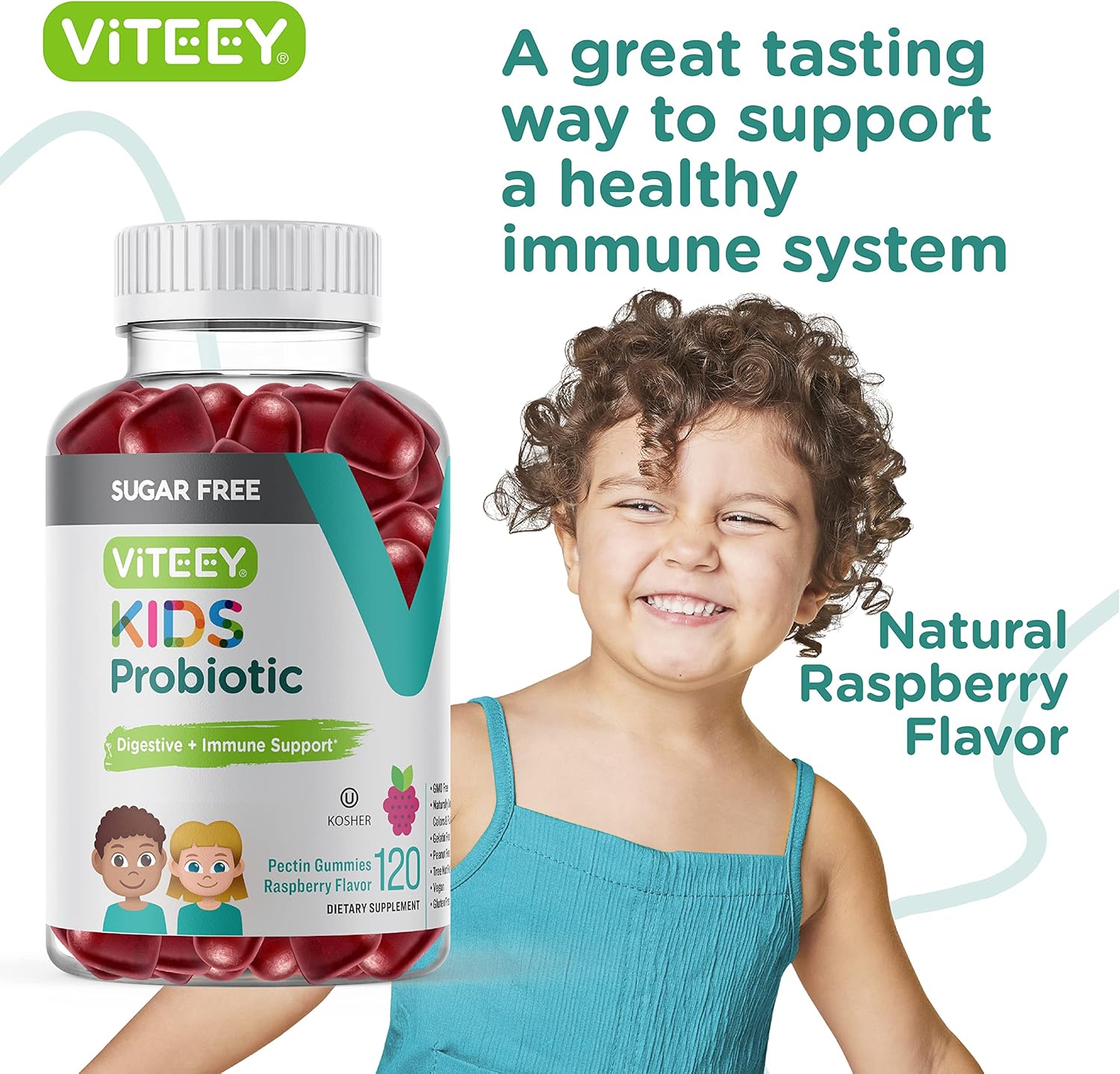 Viteey Probiotic Gummies for Kids - 2 Billion CFUs - Natural Constipation Relief, Immune & Digestive Health Support - Vegan & GMO Free - Raspberry Flavored Gummy