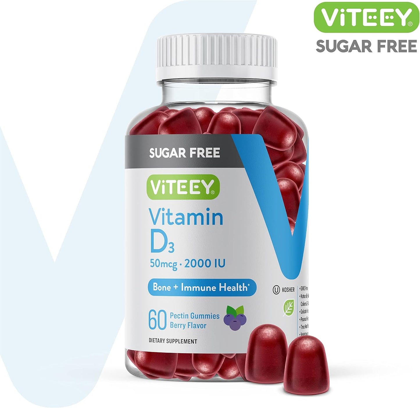 Viteey Sugar-Free Vitamin D3 Gummies for Adults & Teens - 2,000 IU, 50mcg - Bone, Joint, Muscle Health and Immune Boost - Vegetarian, Gelatin and GMO Free - Berry Flavored Chewables