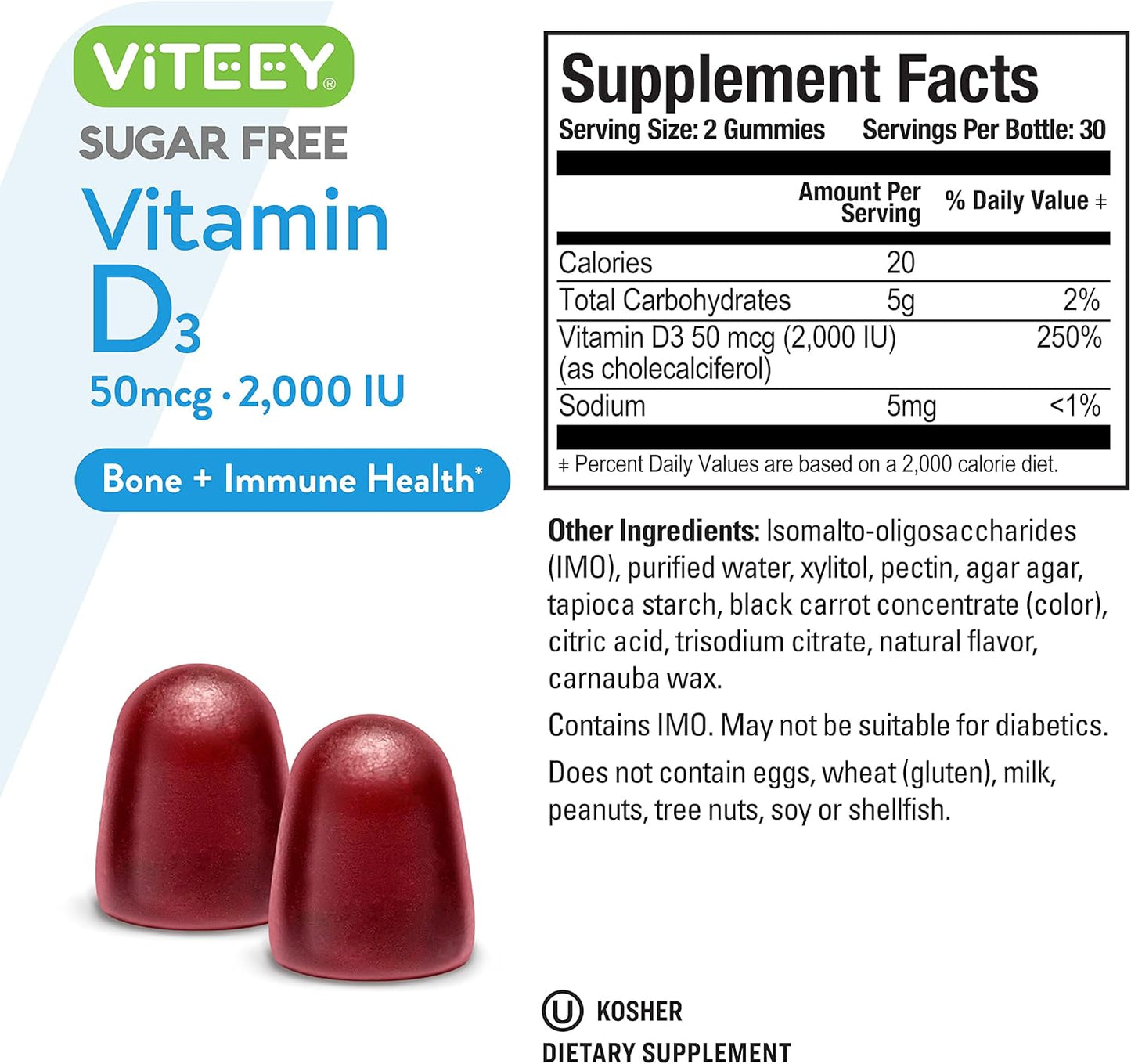 Viteey Sugar-Free Vitamin D3 Gummies for Adults & Teens - 2,000 IU, 50mcg - Bone, Joint, Muscle Health and Immune Boost - Vegetarian, Gelatin and GMO Free - Berry Flavored Chewables