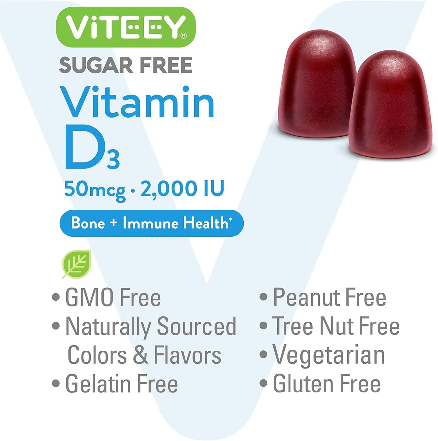 Viteey Sugar-Free Vitamin D3 Gummies for Adults & Teens - 2,000 IU, 50mcg - Bone, Joint, Muscle Health and Immune Boost - Vegetarian, Gelatin and GMO Free - Berry Flavored Chewables
