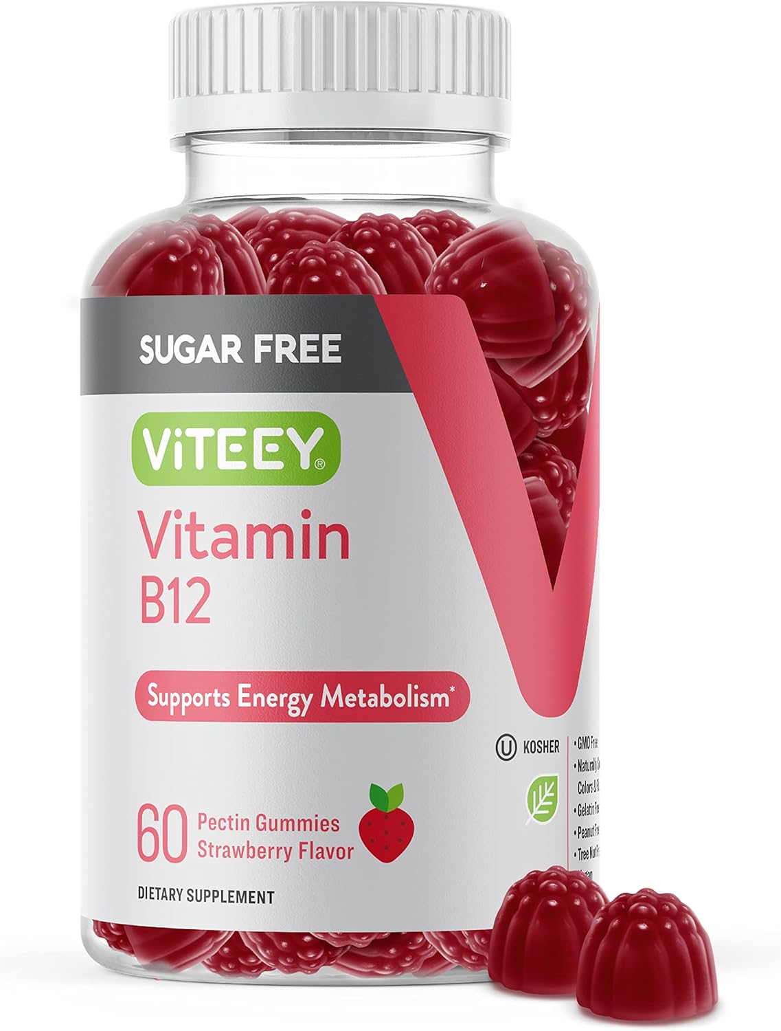Viteey Vitamin B12 Gummies 1000mcg for Energy & Metabolism Support - Vegan, Sugar-Free, Strawberry Flavored Chewable Gummy