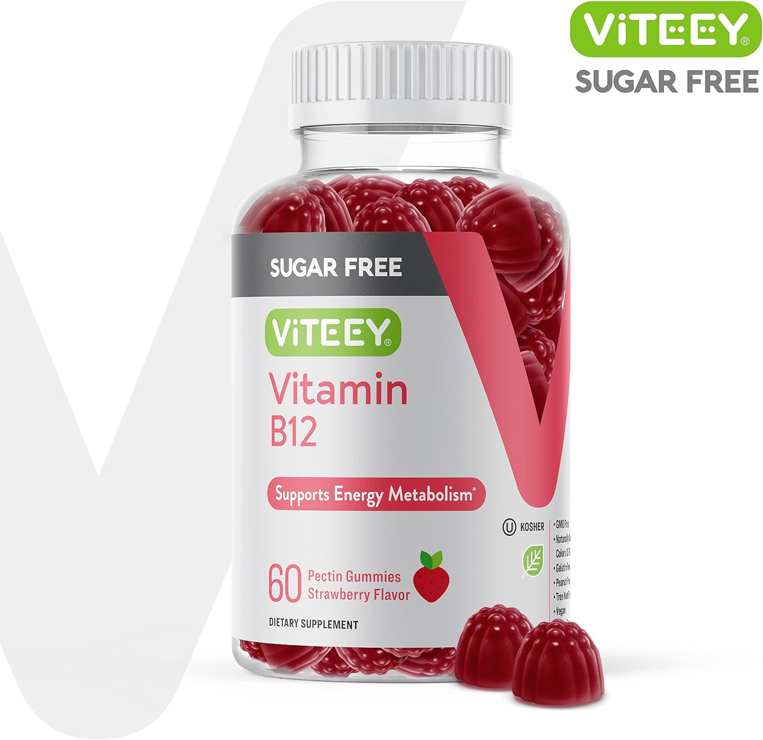 Viteey Vitamin B12 Gummies 1000mcg for Energy & Metabolism Support - Vegan, Sugar-Free, Strawberry Flavored Chewable Gummy
