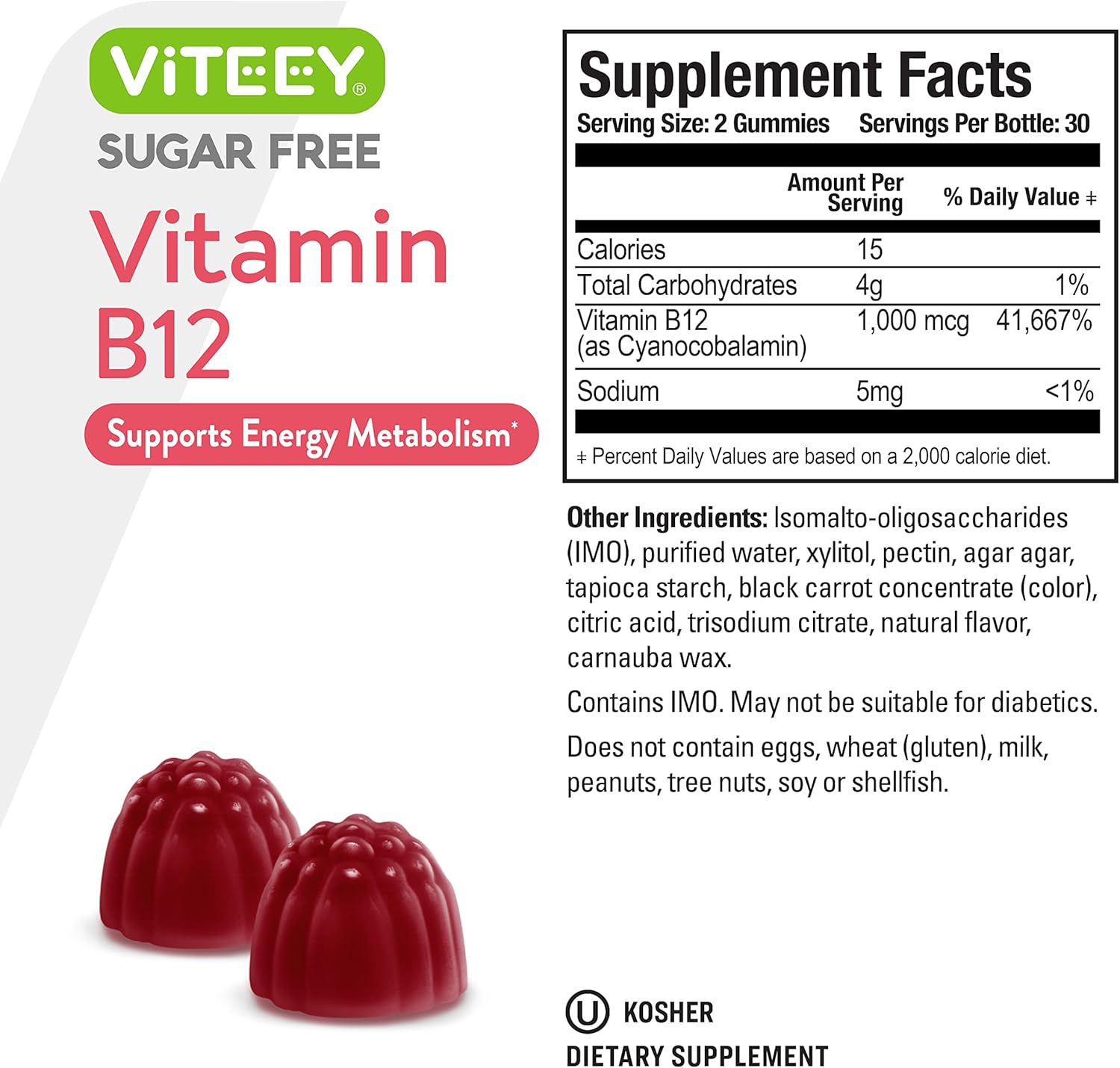 Viteey Vitamin B12 Gummies 1000mcg for Energy & Metabolism Support - Vegan, Sugar-Free, Strawberry Flavored Chewable Gummy