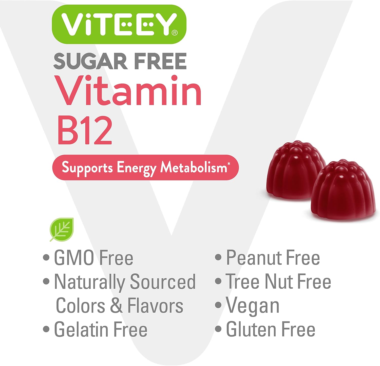 Viteey Vitamin B12 Gummies 1000mcg for Energy & Metabolism Support - Vegan, Sugar-Free, Strawberry Flavored Chewable Gummy