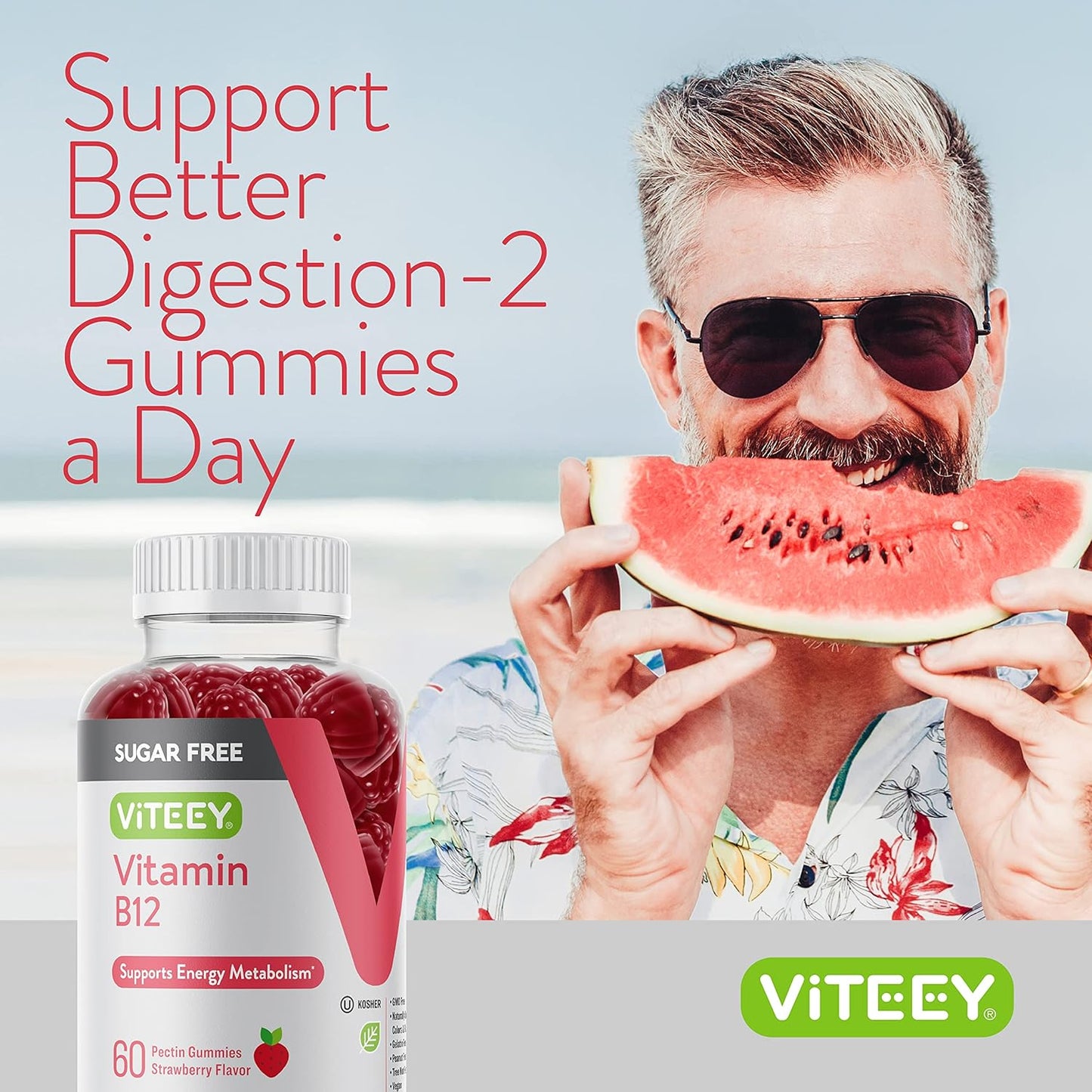 Viteey Vitamin B12 Gummies 1000mcg for Energy & Metabolism Support - Vegan, Sugar-Free, Strawberry Flavored Chewable Gummy