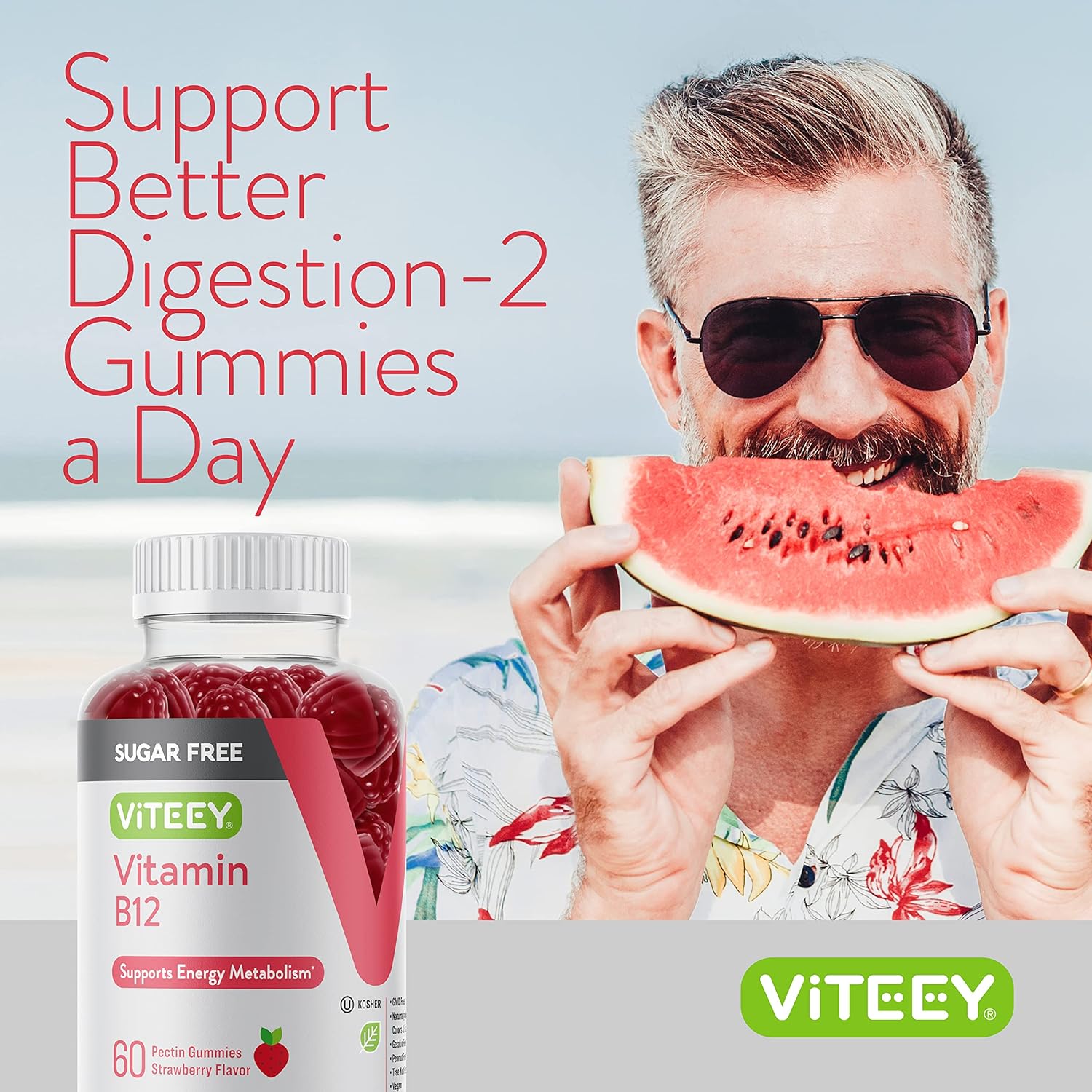 Viteey Vitamin B12 Gummies 1000mcg for Energy & Metabolism Support - Vegan, Sugar-Free, Strawberry Flavored Chewable Gummy