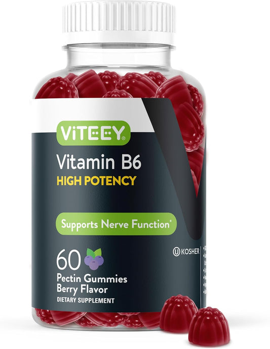 Viteey Vitamin B6 Gummies 100mg for Mood & Nerve Support - Immune Boost - Vegan & Gluten-Free Berry Flavored Gummy