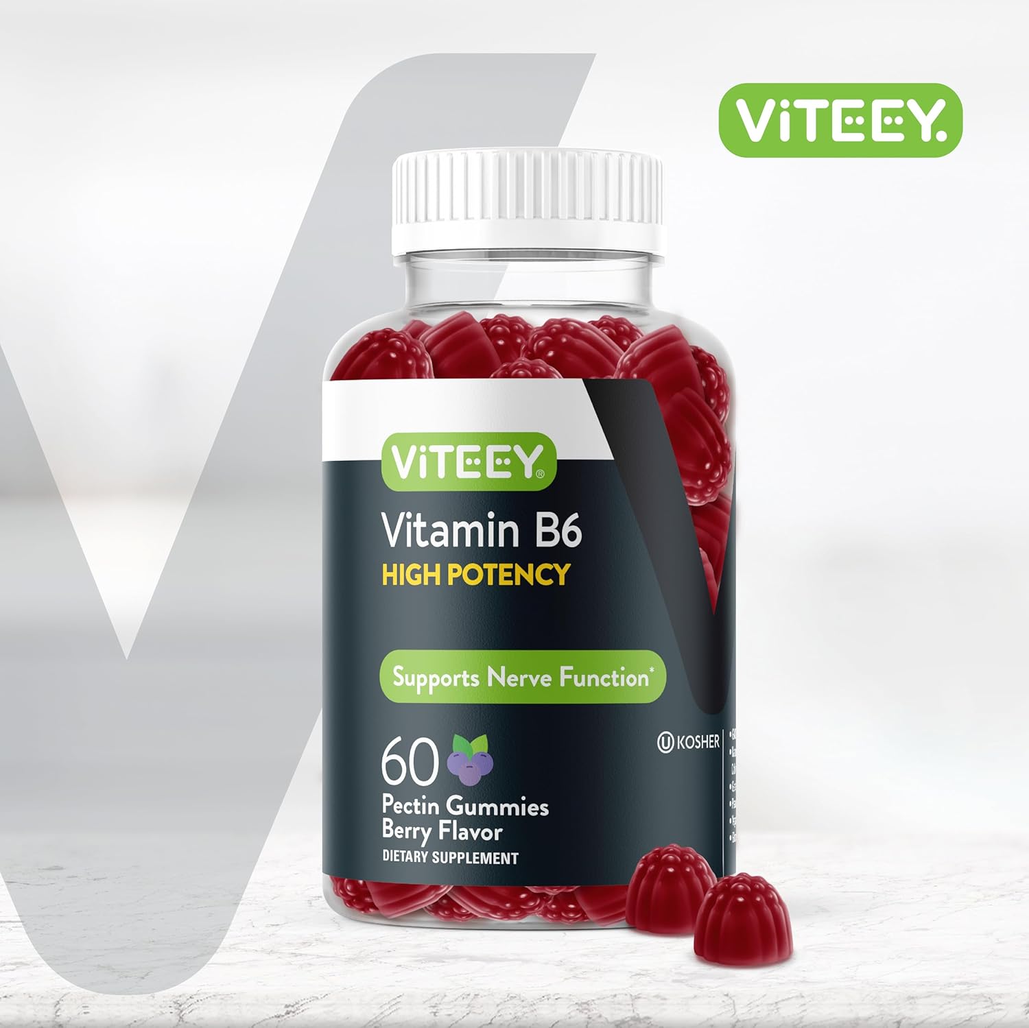 Viteey Vitamin B6 Gummies 100mg for Mood & Nerve Support - Immune Boost - Vegan & Gluten-Free Berry Flavored Gummy