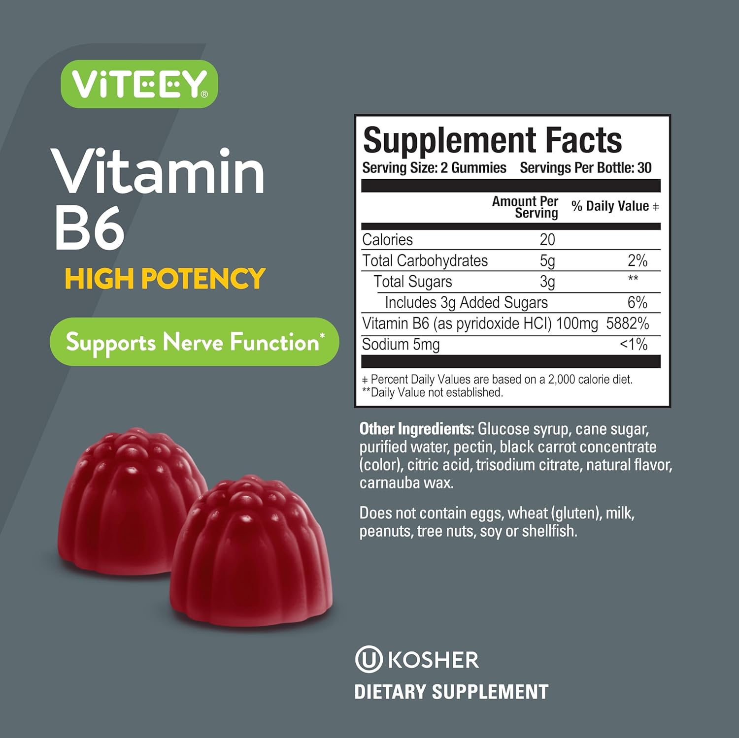 Viteey Vitamin B6 Gummies 100mg for Mood & Nerve Support - Immune Boost - Vegan & Gluten-Free Berry Flavored Gummy