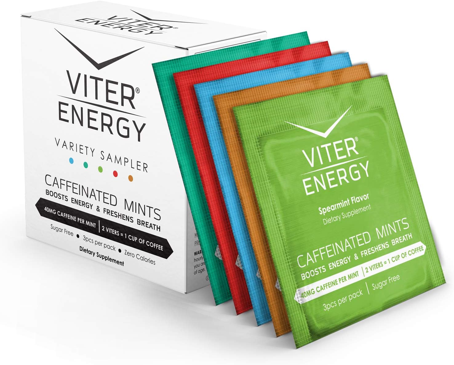 Viter Energy Caffeinated Mints Variety Pack - 3 Pieces, 40mg Caffeine, B Vitamins, Sugar Free - 5 Pack