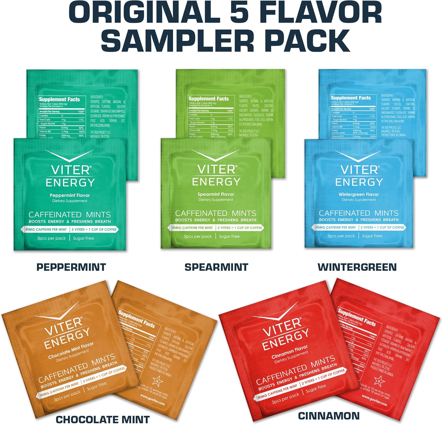 Viter Energy Caffeinated Mints Variety Pack - 3 Pieces, 40mg Caffeine, B Vitamins, Sugar Free - 5 Pack
