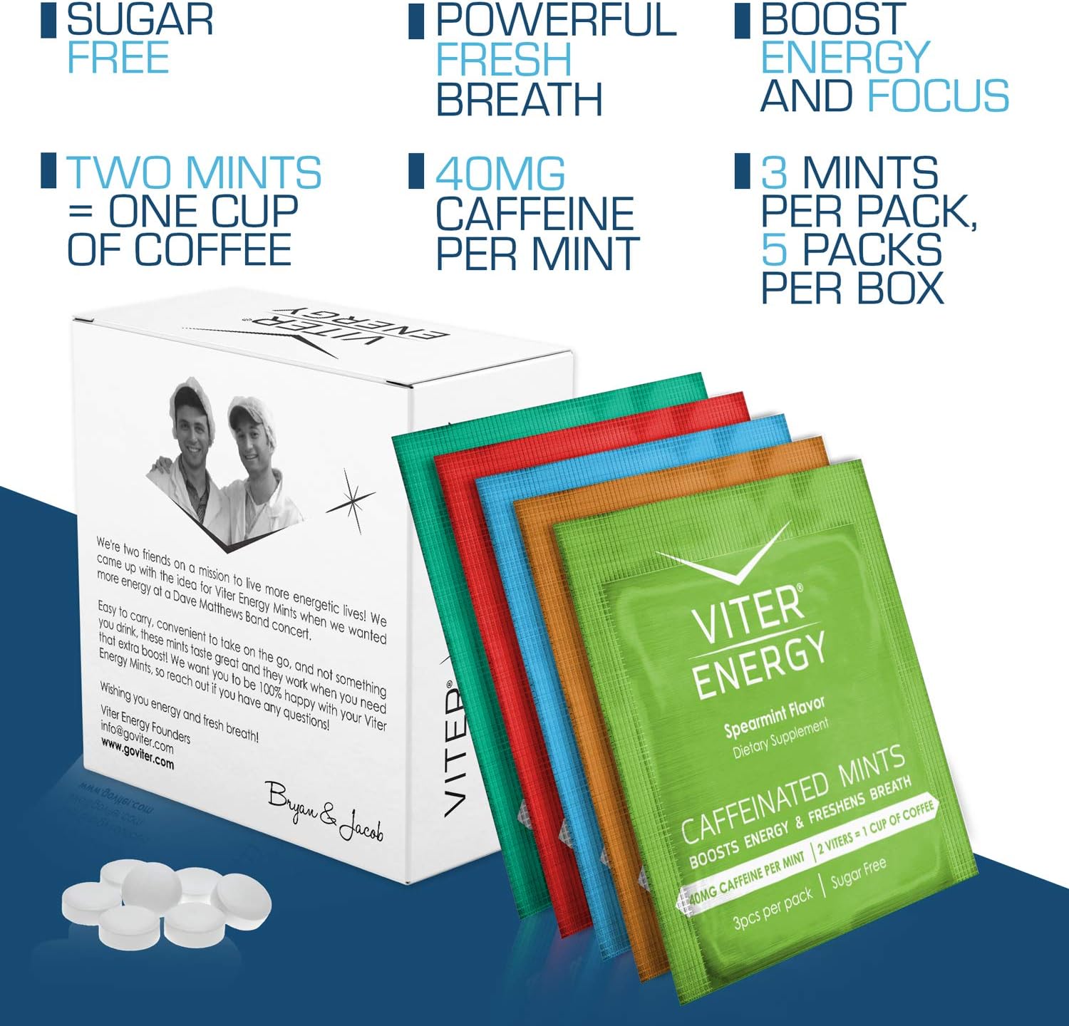 Viter Energy Caffeinated Mints Variety Pack - 3 Pieces, 40mg Caffeine, B Vitamins, Sugar Free - 5 Pack