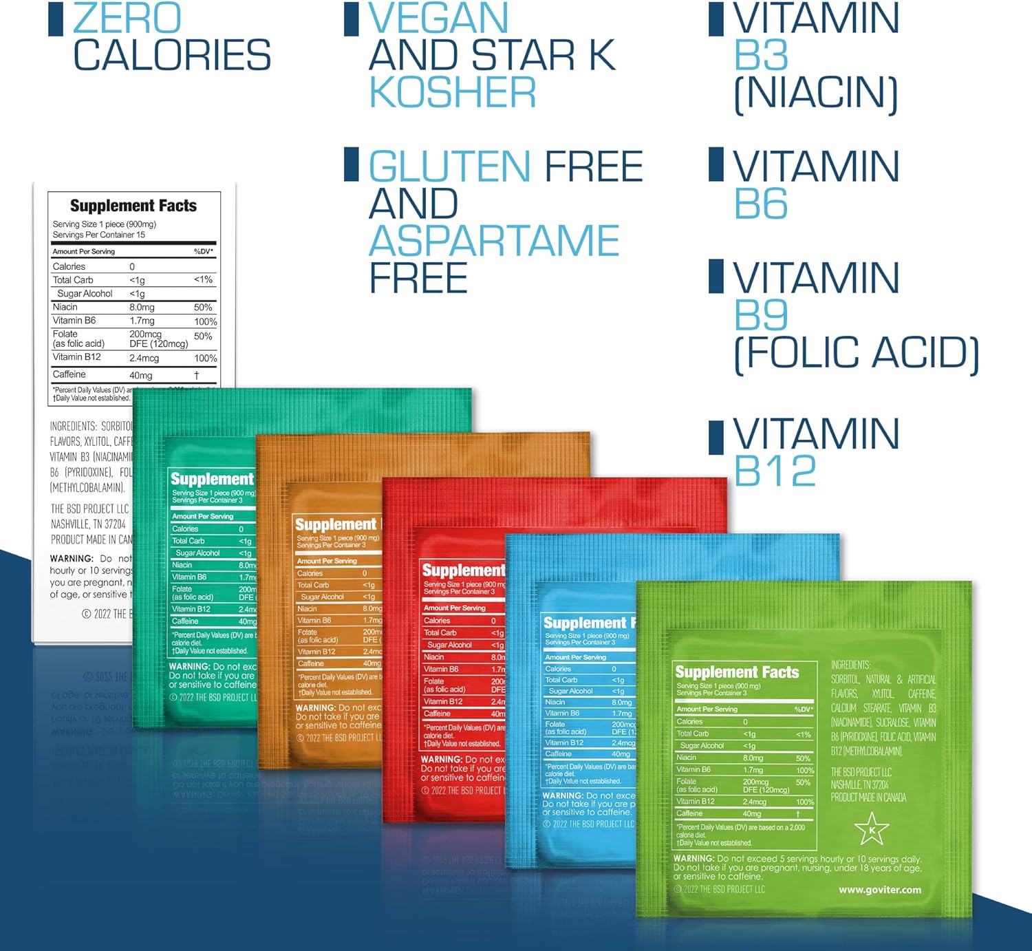 Viter Energy Caffeinated Mints Variety Pack - 3 Pieces, 40mg Caffeine, B Vitamins, Sugar Free - 5 Pack