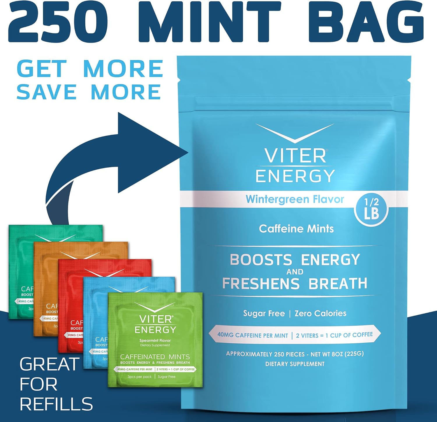 Viter Energy Caffeinated Mints Variety Pack - 3 Pieces, 40mg Caffeine, B Vitamins, Sugar Free - 5 Pack