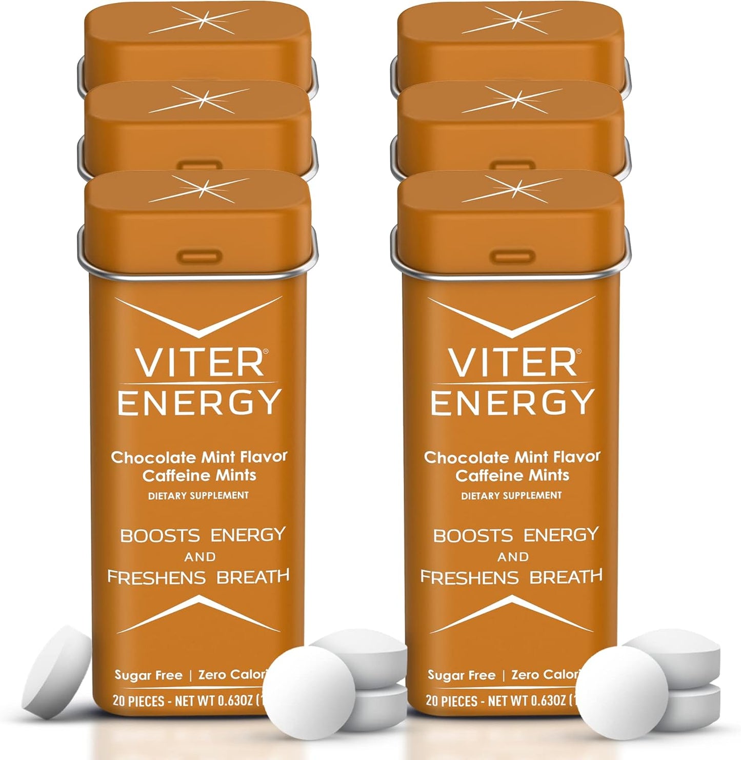 Viter Energy Chocolate Mint Caffeinated Mints - 6 Pack of 20pcs, Sugar Free with 40mg Caffeine and B Vitamins