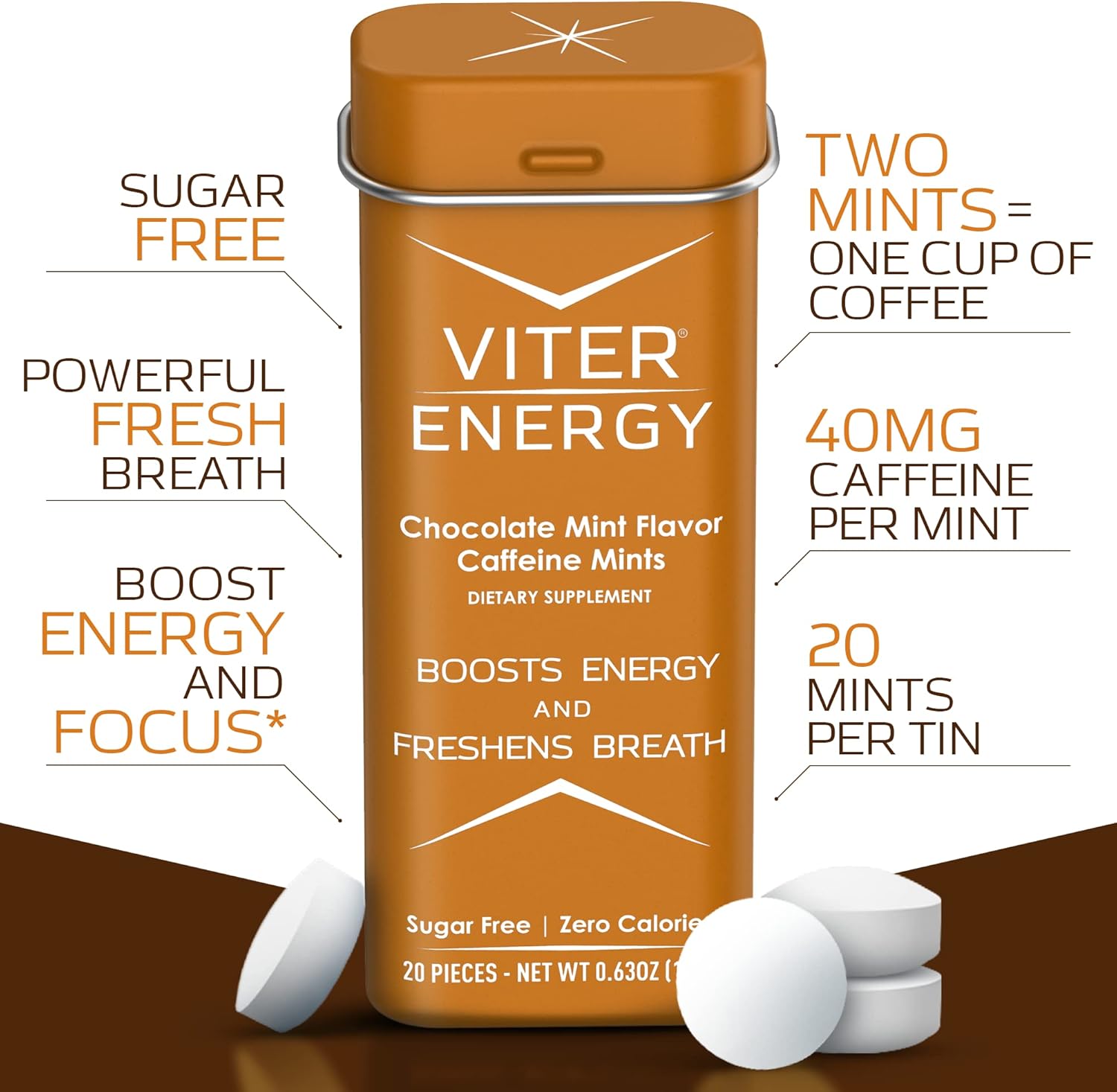Viter Energy Chocolate Mint Caffeinated Mints - 6 Pack of 20pcs, Sugar Free with 40mg Caffeine and B Vitamins