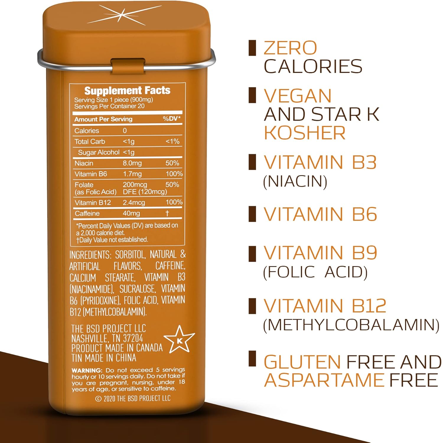 Viter Energy Chocolate Mint Caffeinated Mints - 6 Pack of 20pcs, Sugar Free with 40mg Caffeine and B Vitamins