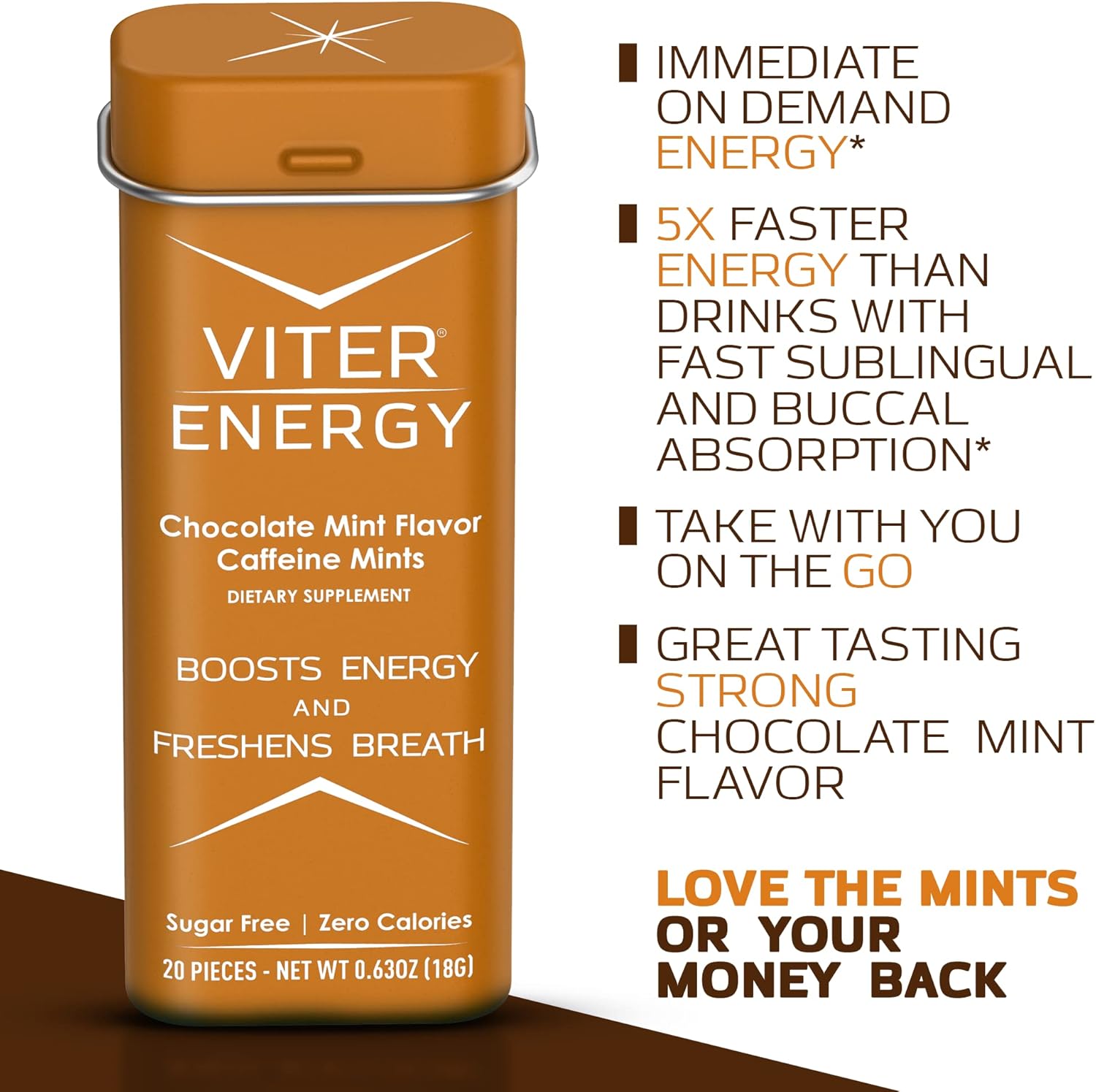 Viter Energy Chocolate Mint Caffeinated Mints - 6 Pack of 20pcs, Sugar Free with 40mg Caffeine and B Vitamins
