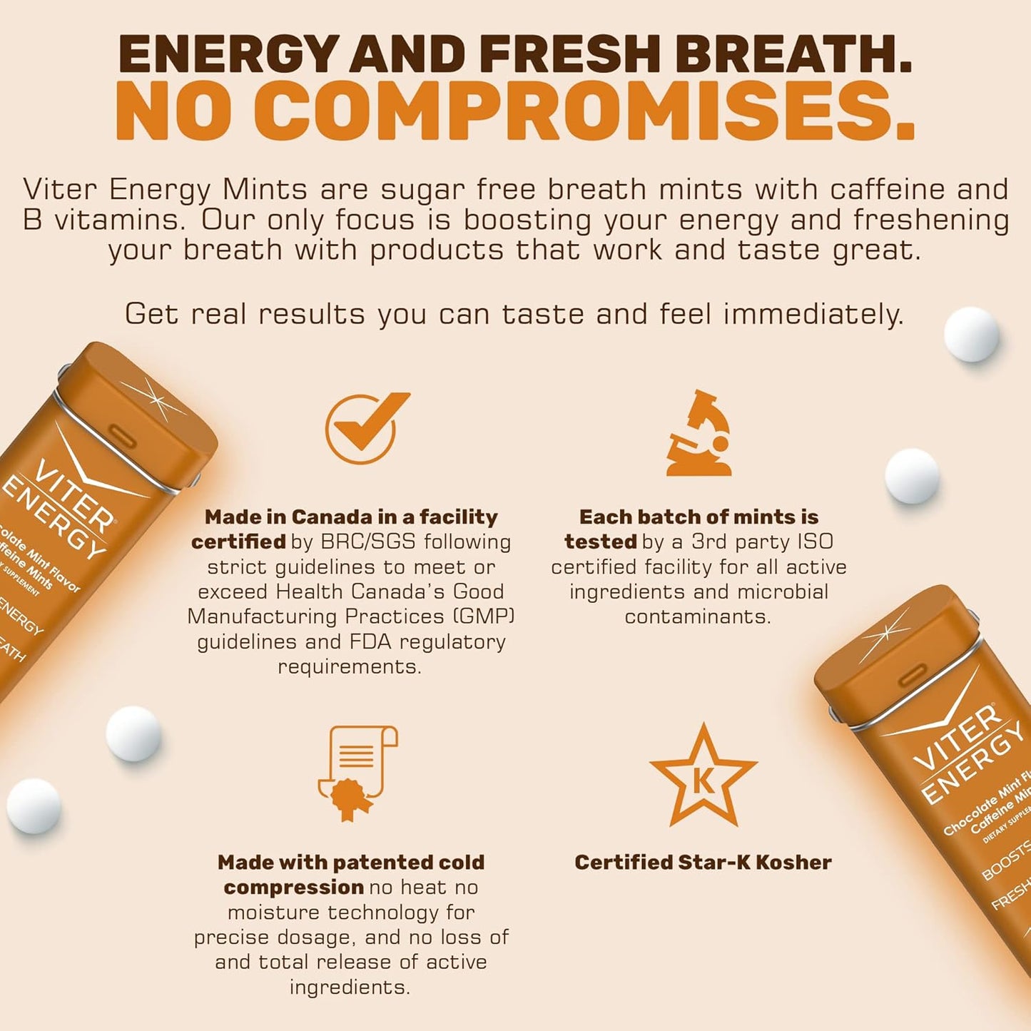 Viter Energy Chocolate Mint Caffeinated Mints - 6 Pack of 20pcs, Sugar Free with 40mg Caffeine and B Vitamins