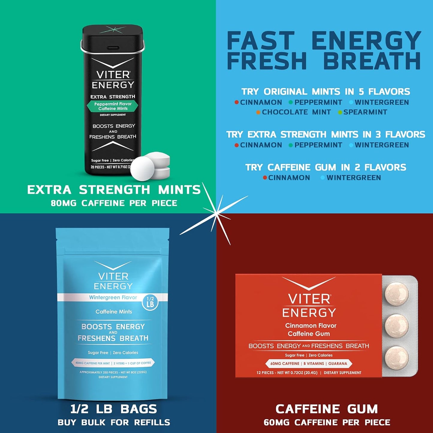 Viter Energy Chocolate Mint Caffeinated Mints - 6 Pack of 20pcs, Sugar Free with 40mg Caffeine and B Vitamins