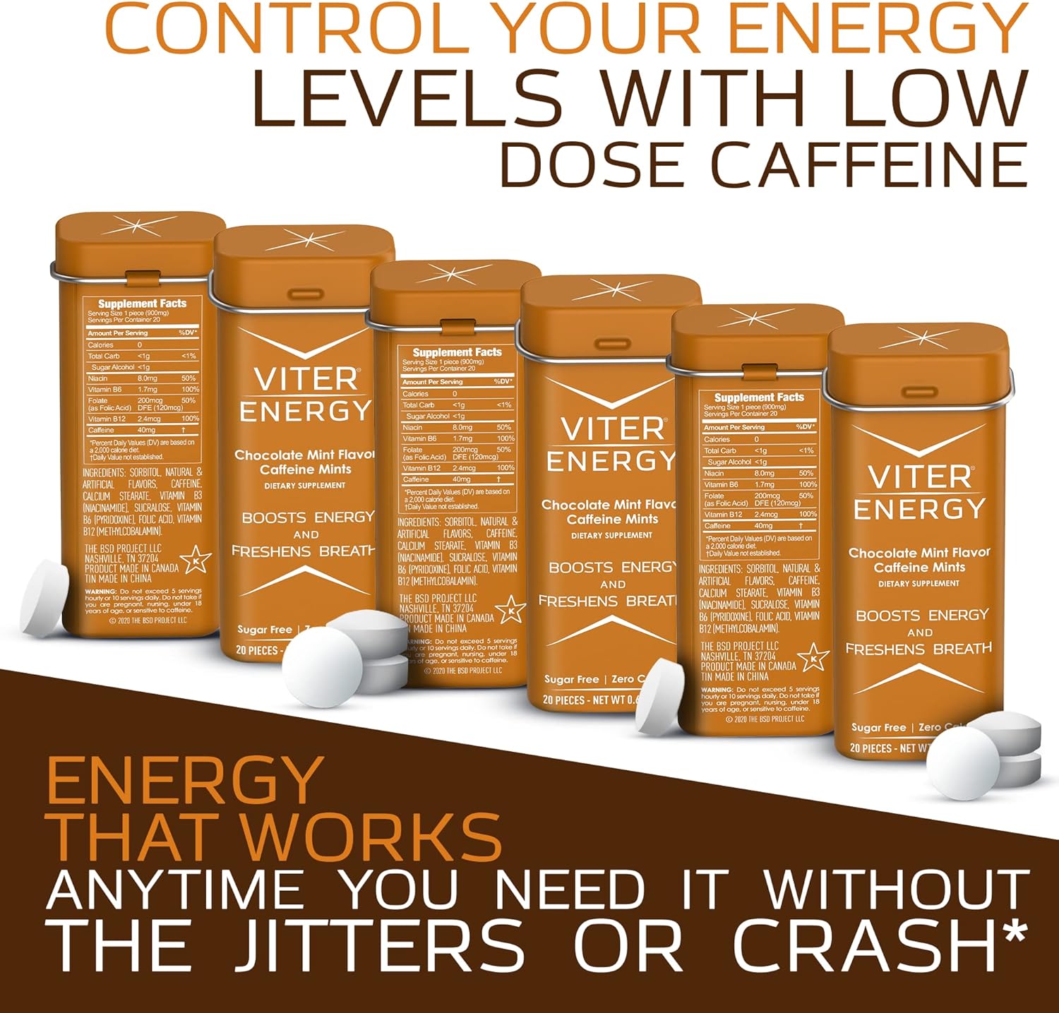 Viter Energy Chocolate Mint Caffeinated Mints - 6 Pack of 20pcs, Sugar Free with 40mg Caffeine and B Vitamins