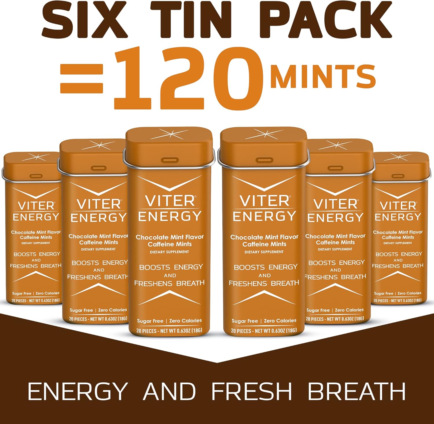 Viter Energy Chocolate Mint Caffeinated Mints - 6 Pack of 20pcs, Sugar Free with 40mg Caffeine and B Vitamins