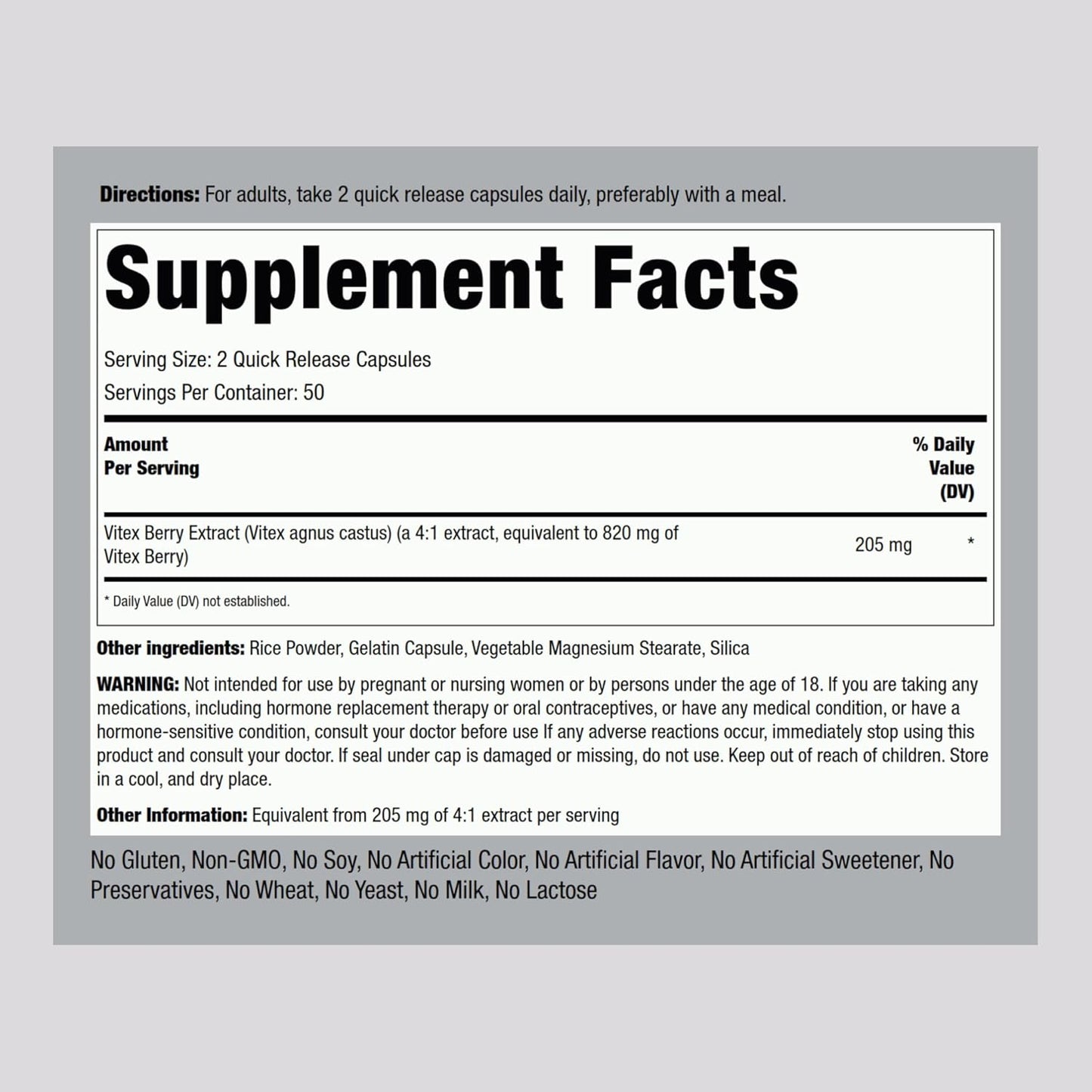 Vitex Chasteberry 820mg Supplement for Women | 100 Capsules | Fruit Extract | Non-GMO & Gluten Free | Piping Rock