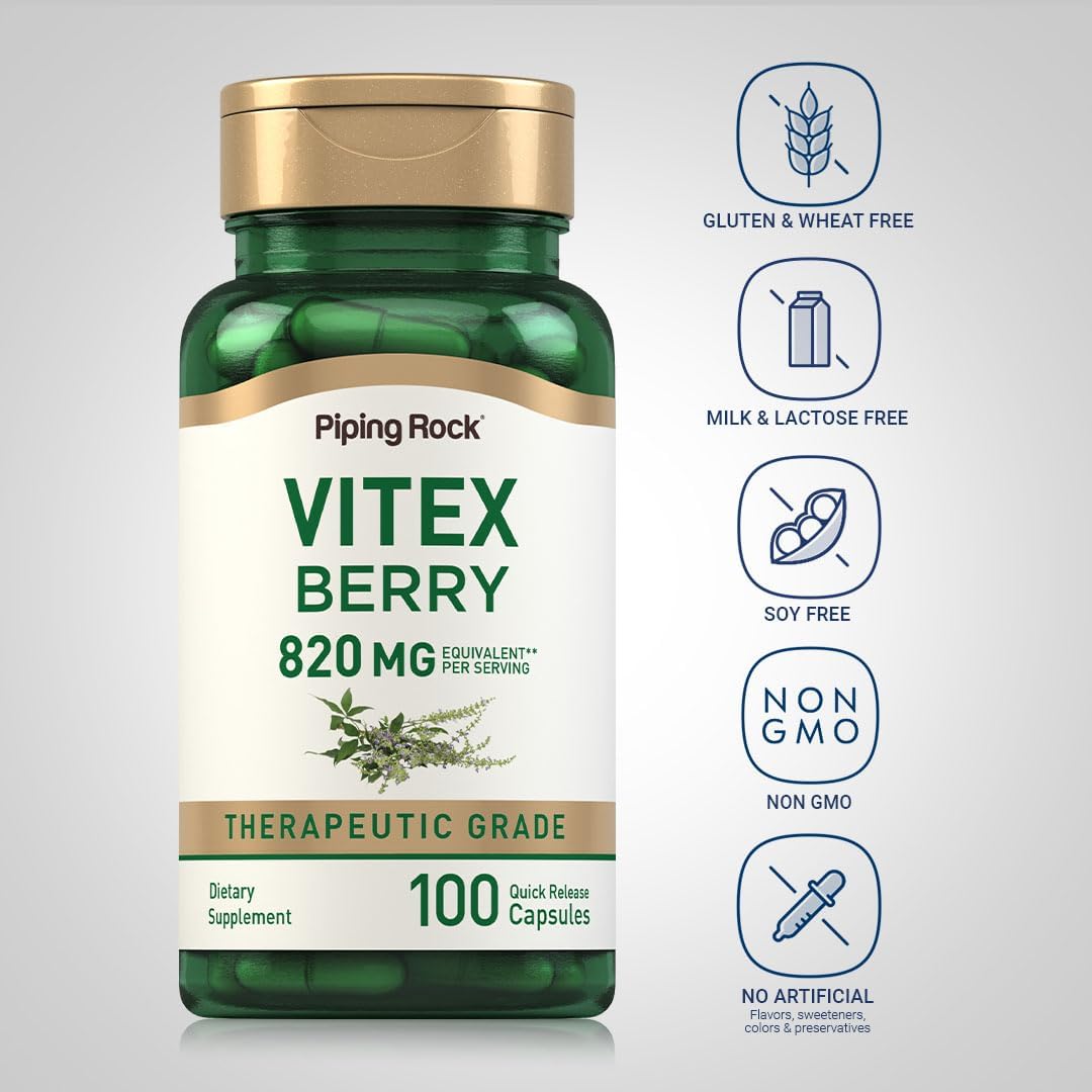 Vitex Chasteberry 820mg Supplement for Women | 100 Capsules | Fruit Extract | Non-GMO & Gluten Free | Piping Rock