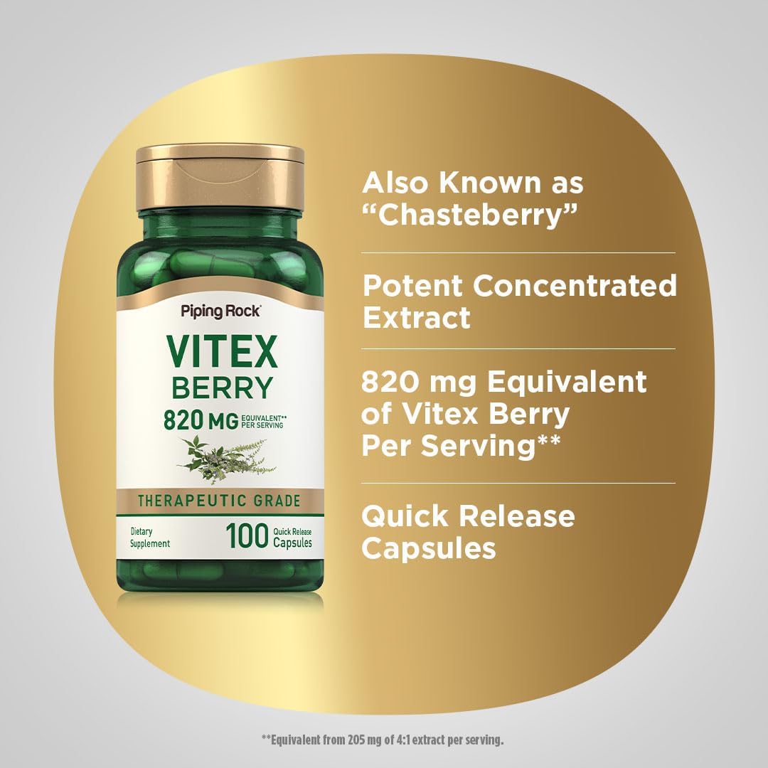 Vitex Chasteberry 820mg Supplement for Women | 100 Capsules | Fruit Extract | Non-GMO & Gluten Free | Piping Rock