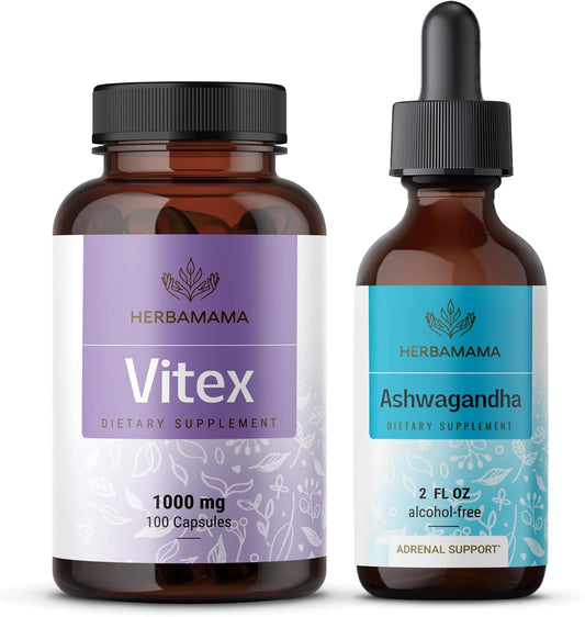 Vitex Chasteberry Capsules & Ashwagandha Liquid Drops Bundle - 1000mg & 2 fl oz - Vegan, Non-GMO, Sugar & Alcohol-Free - 2 Pack