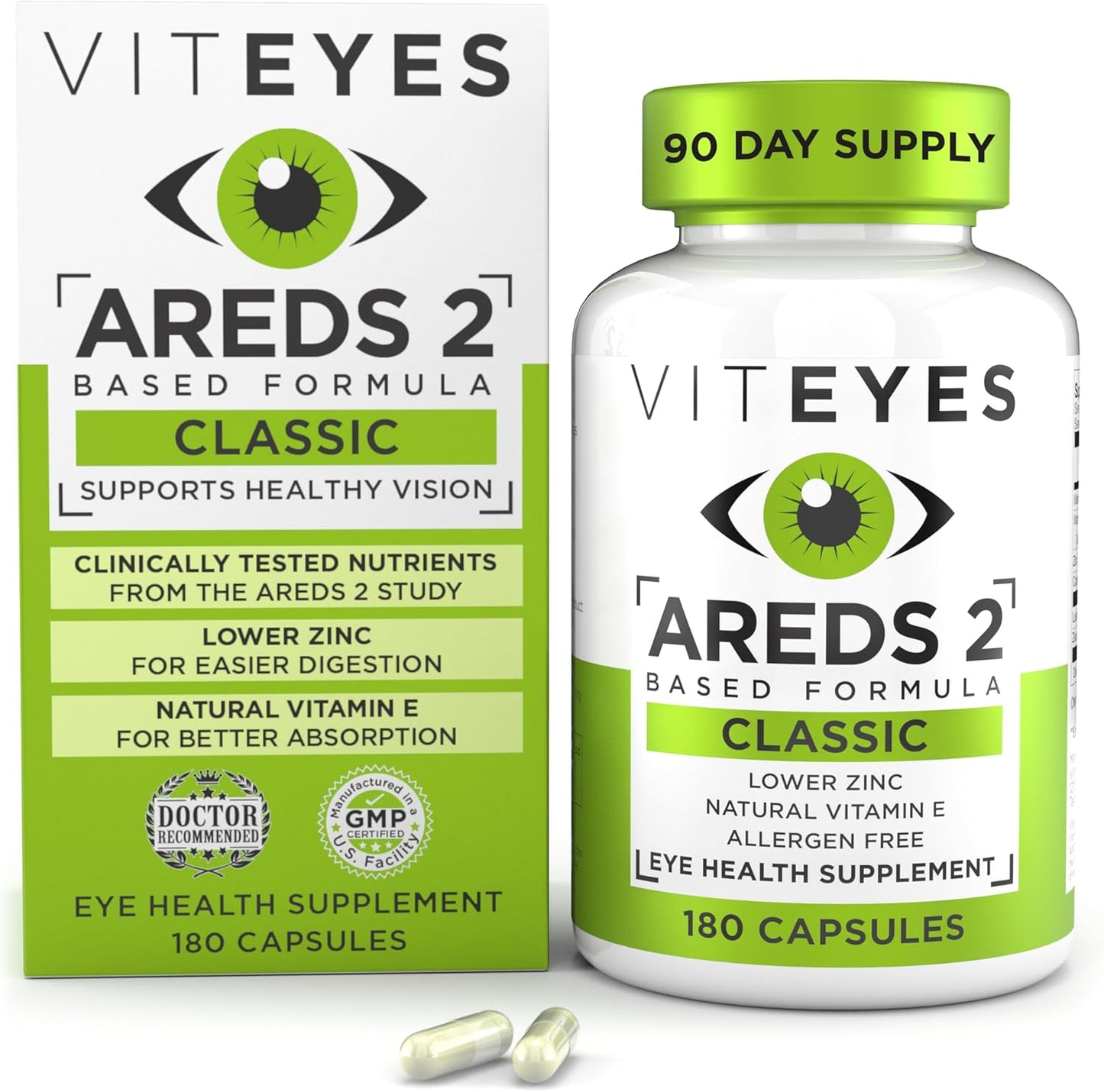 Viteyes AREDS 2 Eye Vitamins for Macular Support, Allergen Free Capsules with Natural Ingredients - 180 Ct Made in USA