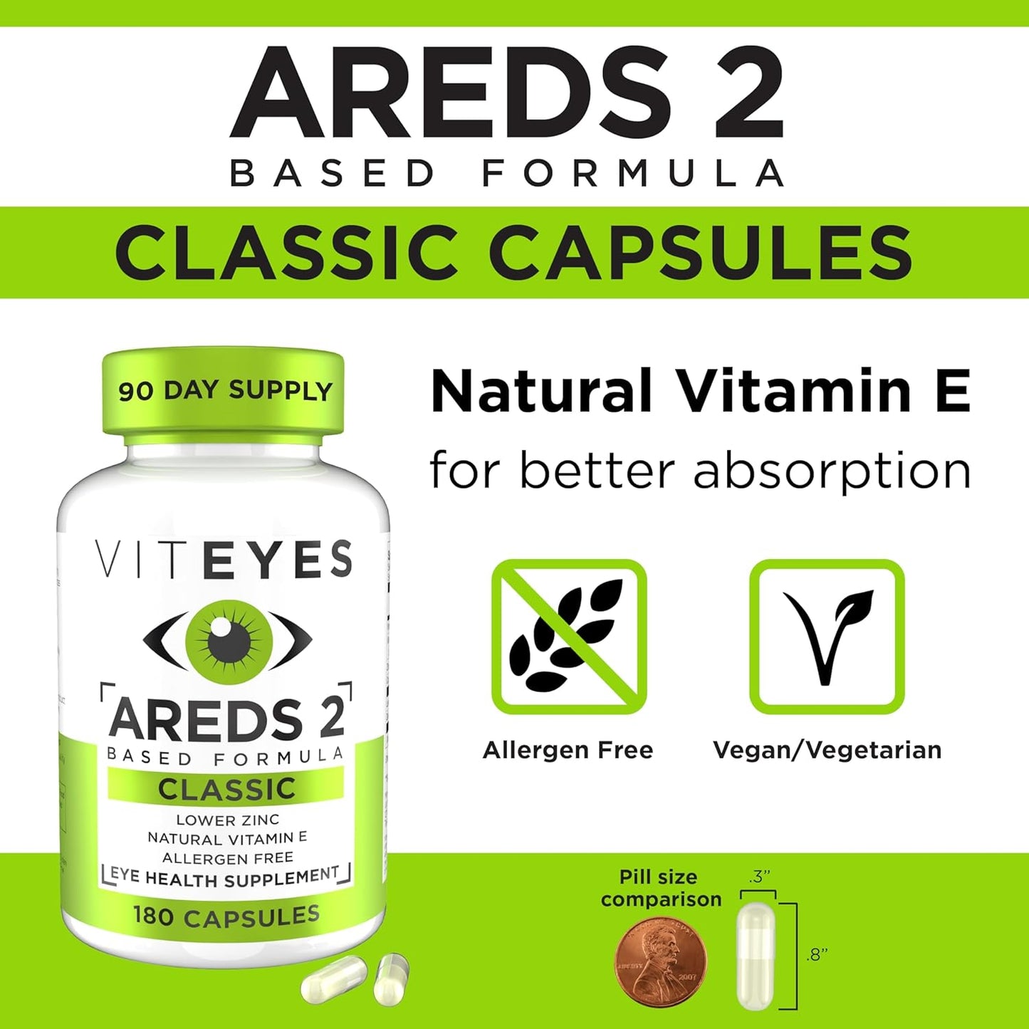 Viteyes AREDS 2 Eye Vitamins for Macular Support, Allergen Free Capsules with Natural Ingredients - 180 Ct Made in USA