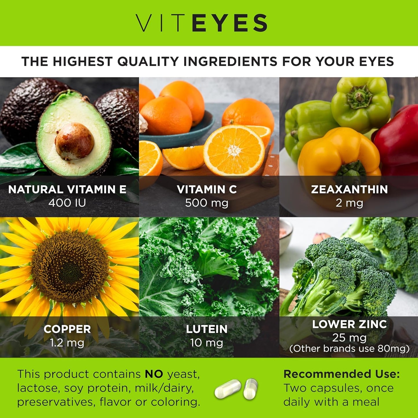 Viteyes AREDS 2 Eye Vitamins for Macular Support, Allergen Free Capsules with Natural Ingredients - 180 Ct Made in USA