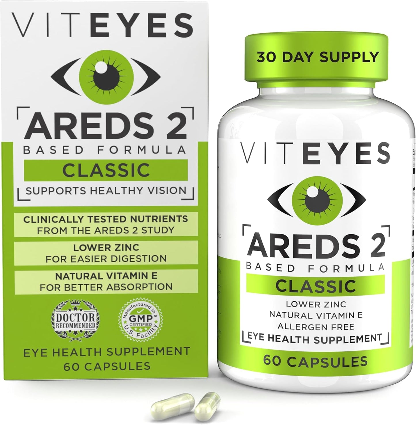 Viteyes AREDS 2 Eye Vitamins: Macular Support Capsules with Vitamin E, C, Zinc, Copper, Lutein & Zeaxanthin, Allergen-Free - 60 Ct - Made in USA