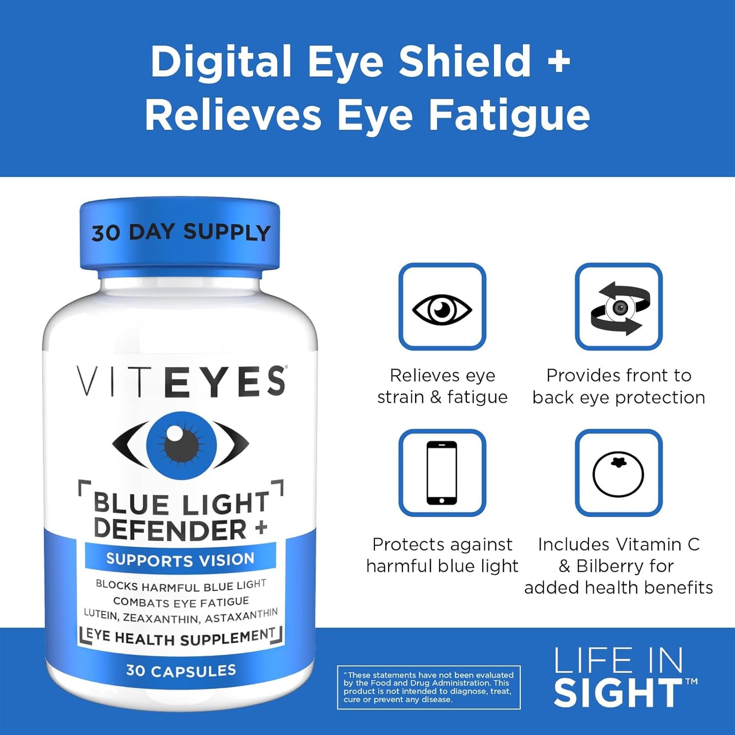 Viteyes Blue Light Defender+ Capsules, Dietary Supplement for Protecting Eyes from Harmful Blue Light, 30 Capsules