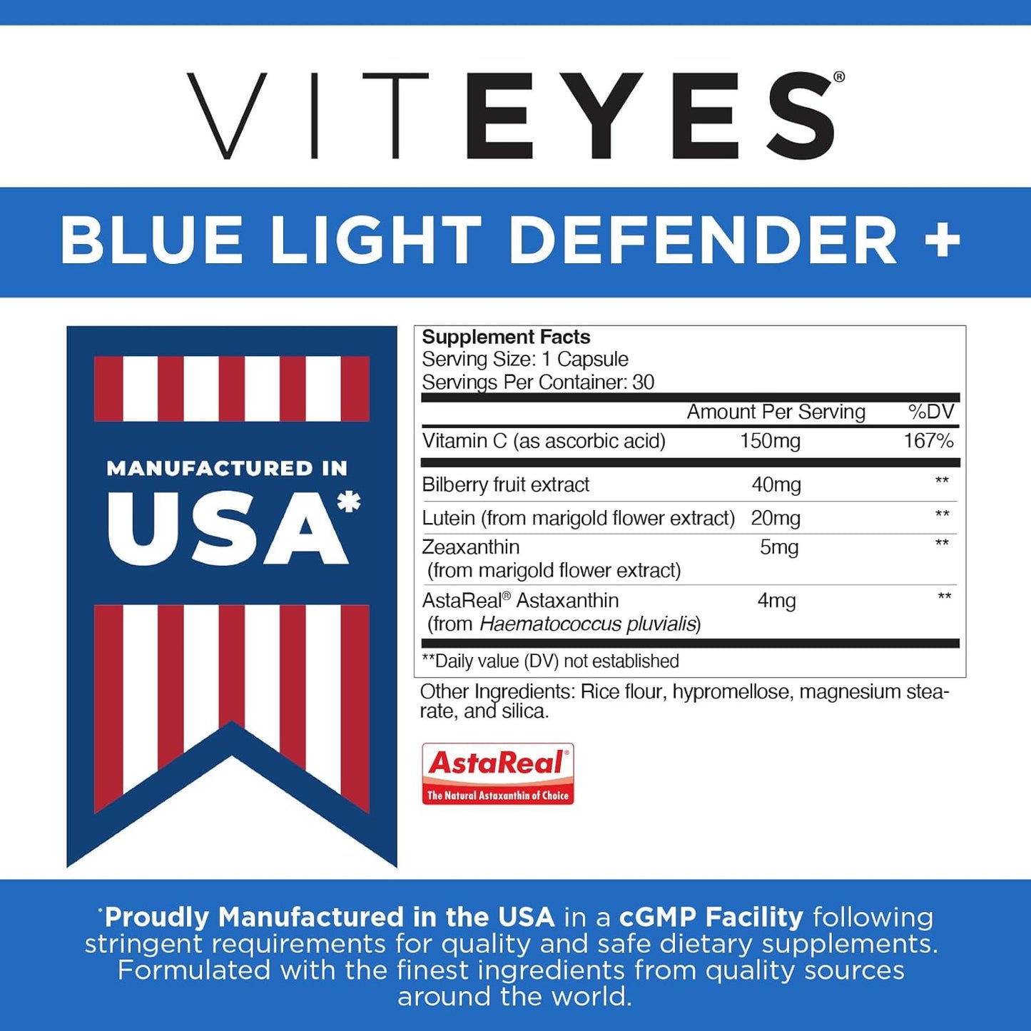 Viteyes Blue Light Defender+ Capsules, Dietary Supplement for Protecting Eyes from Harmful Blue Light, 30 Capsules