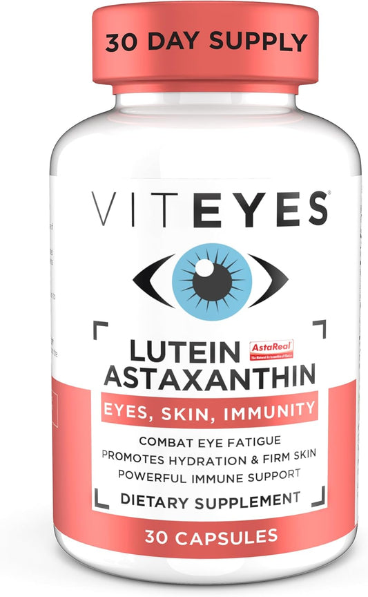 Viteyes Lutein & Astaxanthin Capsules - Eye Fatigue Relief, Skin Hydration, Blue Light Protection - 20mg Lutein, 4mg Astaxanthin - Immune Support - 30ct