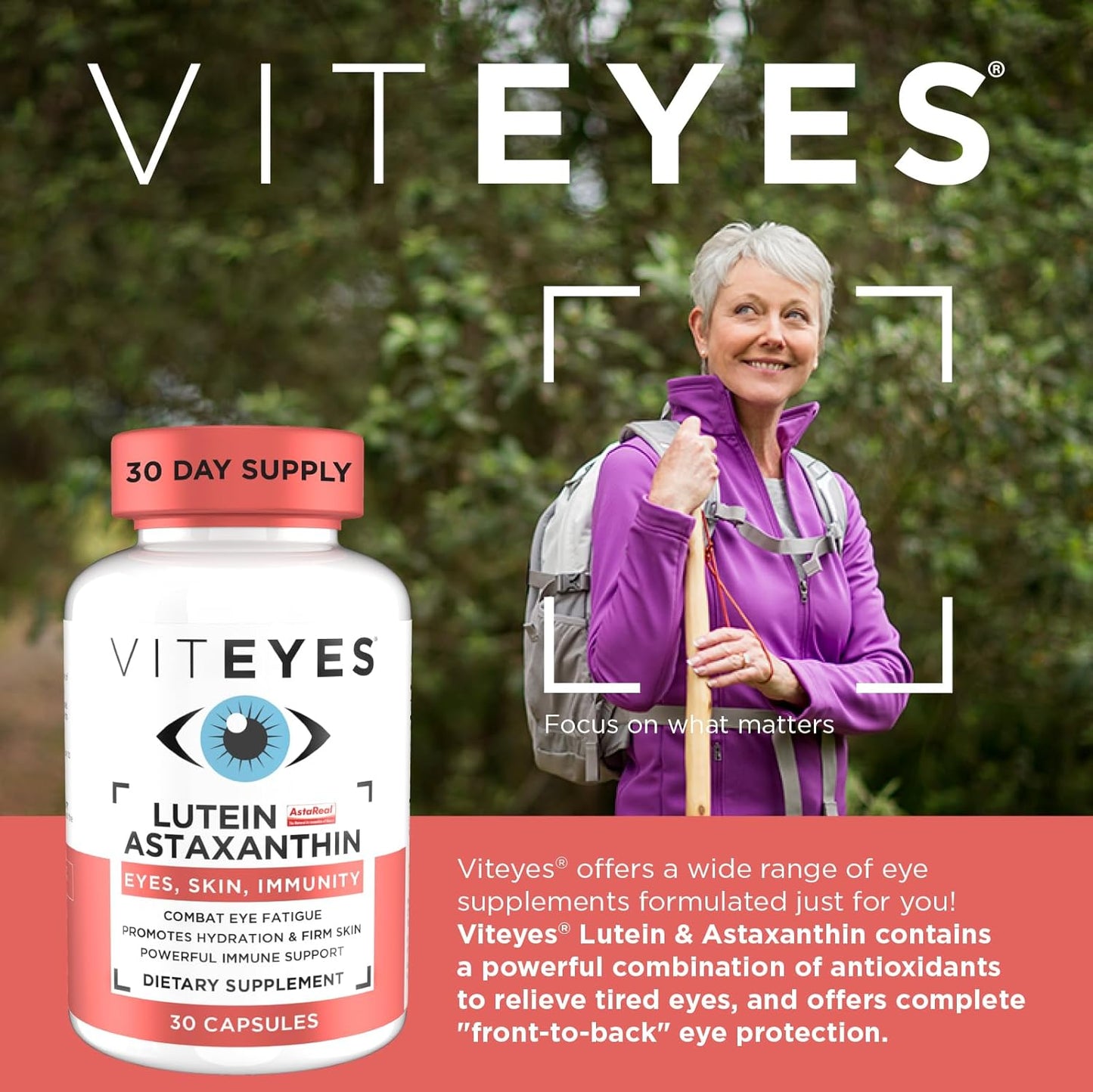 Viteyes Lutein & Astaxanthin Capsules - Eye Fatigue Relief, Skin Hydration, Blue Light Protection - 20mg Lutein, 4mg Astaxanthin - Immune Support - 30ct