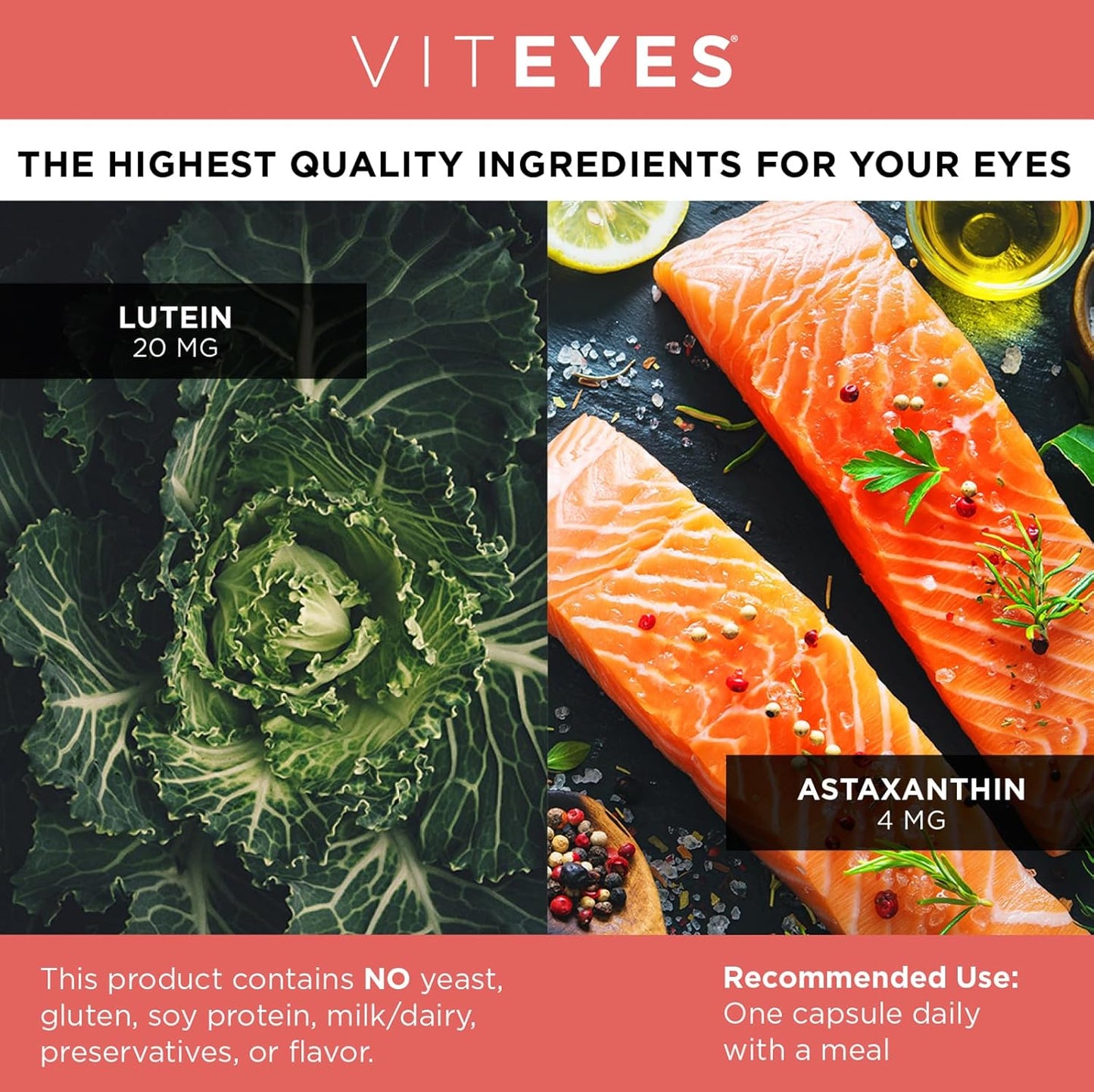 Viteyes Lutein & Astaxanthin Capsules - Eye Fatigue Relief, Skin Hydration, Blue Light Protection - 20mg Lutein, 4mg Astaxanthin - Immune Support - 30ct