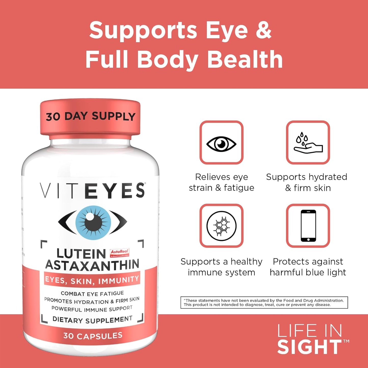 Viteyes Lutein & Astaxanthin Capsules - Eye Fatigue Relief, Skin Hydration, Blue Light Protection - 20mg Lutein, 4mg Astaxanthin - Immune Support - 30ct
