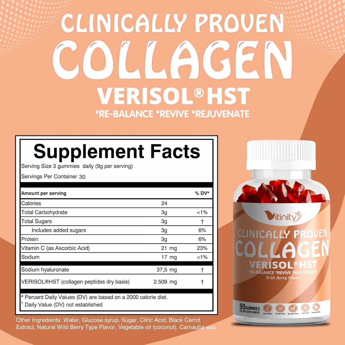 VITINITY VERISOL® Collagen Gummies with HA & Vit C - Clinically Proven Beauty Supplement for Firmer, Smoother Skin, and Reduced Cellulite - 30 Day Supply