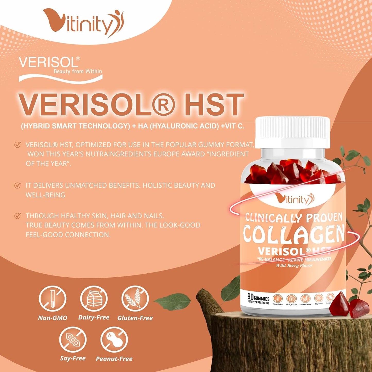 VITINITY VERISOL® Collagen Gummies with HA & Vit C - Clinically Proven Beauty Supplement for Firmer, Smoother Skin, and Reduced Cellulite - 30 Day Supply