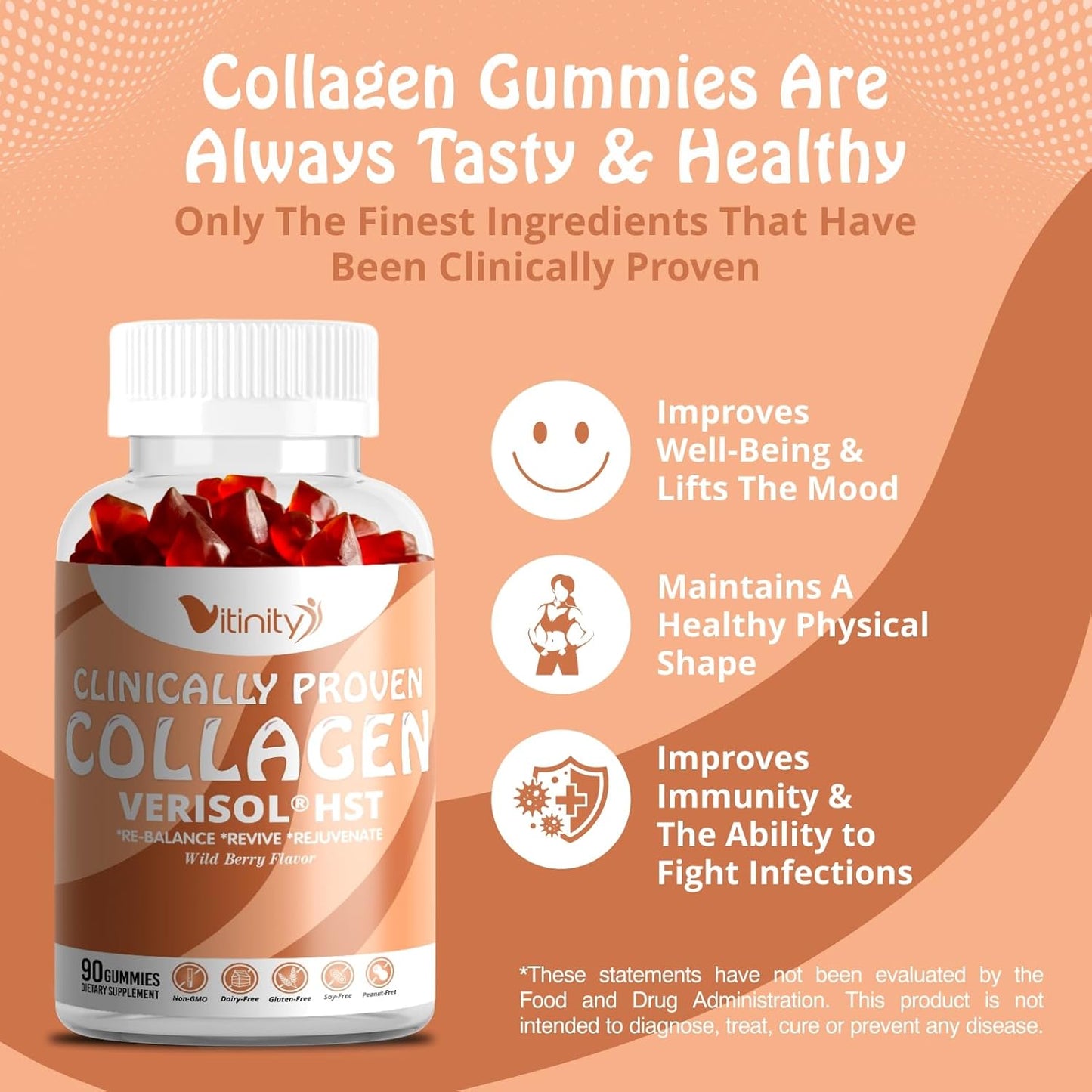 VITINITY VERISOL® Collagen Gummies with HA & Vit C - Clinically Proven Beauty Supplement for Firmer, Smoother Skin, and Reduced Cellulite - 30 Day Supply