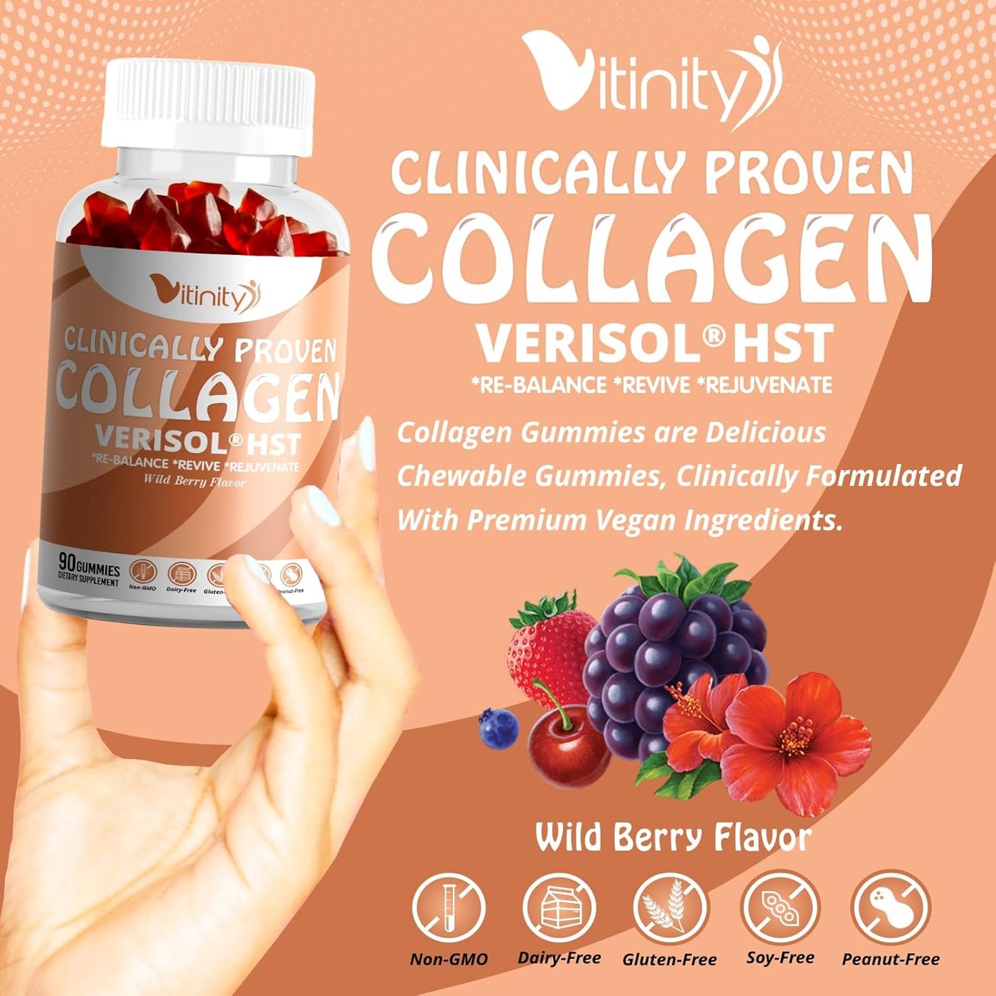 VITINITY VERISOL® Collagen Gummies with HA & Vit C - Clinically Proven Beauty Supplement for Firmer, Smoother Skin, and Reduced Cellulite - 30 Day Supply