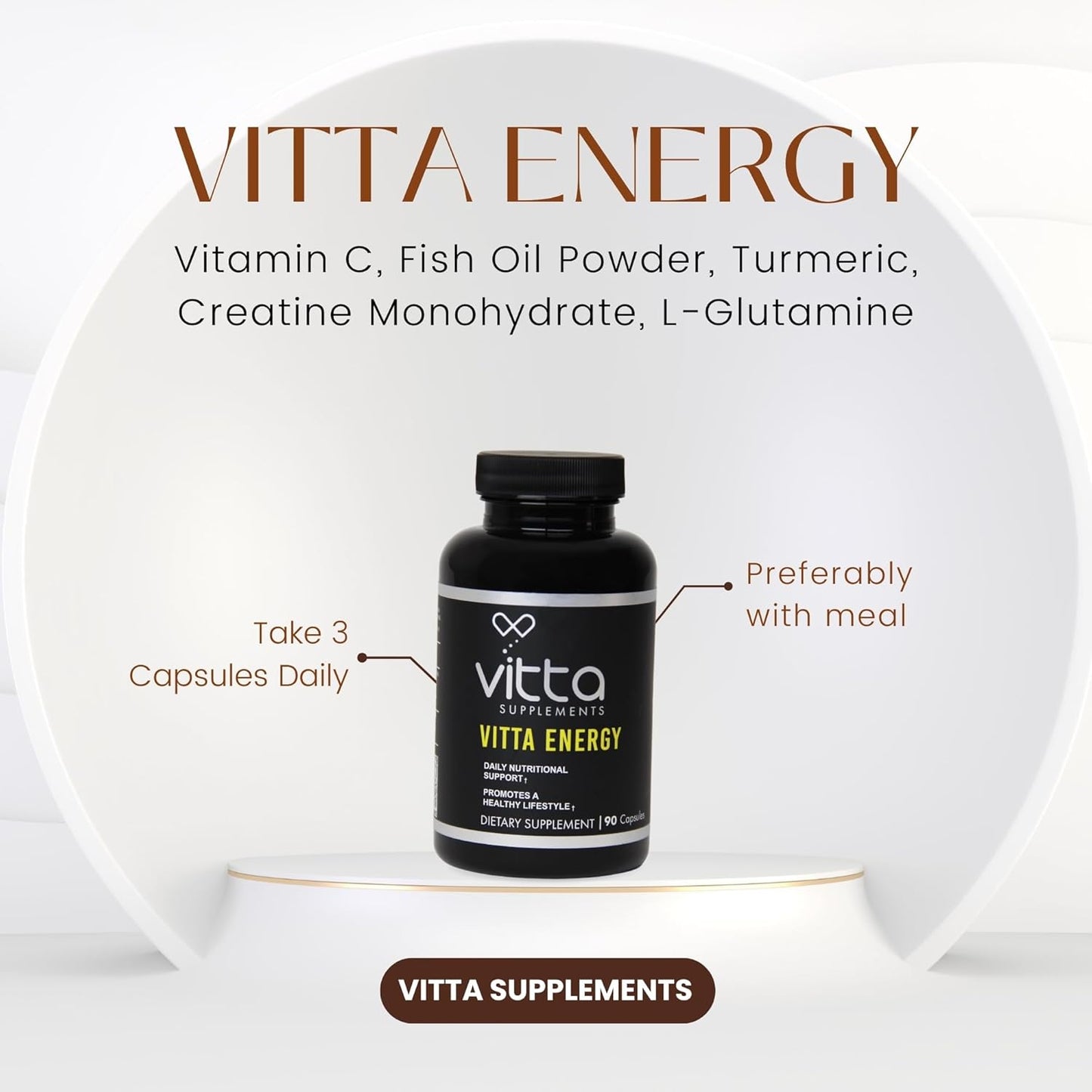 Vitta Energy Capsules with Vitamin C, Fish Oil Powder, Turmeric, Creatine Monohydrate, L-Glutamine - 90 Capsules