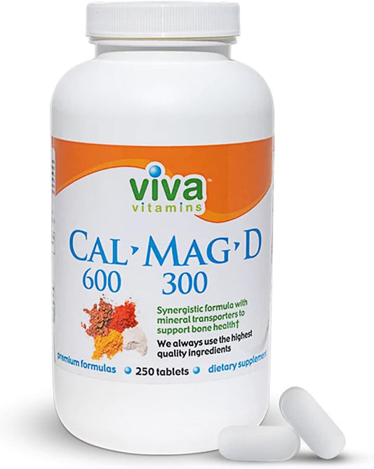 Viva Vitamins CalMagD - Calcium 600 Magnesium 300 Plus Vitamin D3 Supplement - Vegan Bone, Teeth, and Joint Support - 250 Tablets