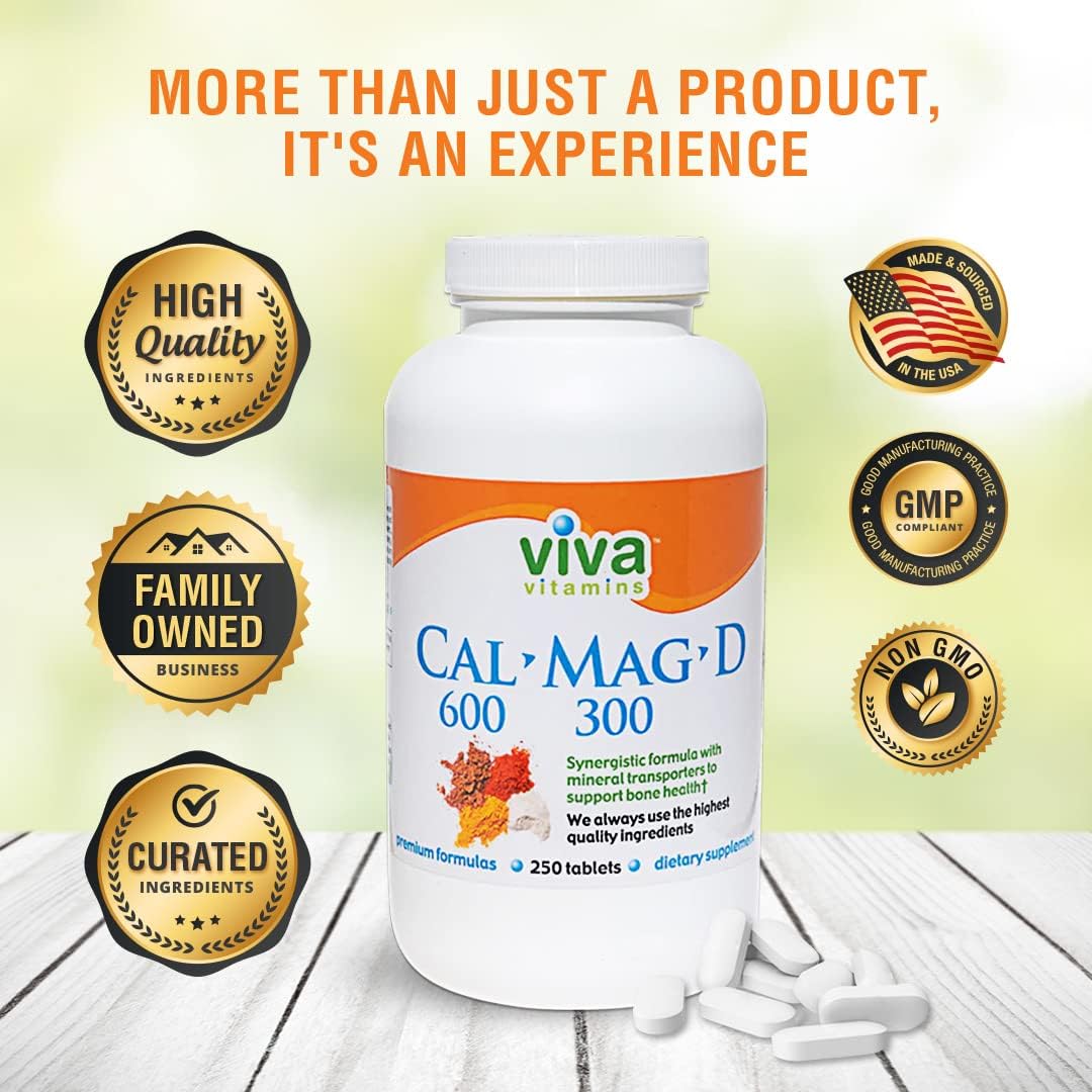 Viva Vitamins CalMagD - Calcium 600 Magnesium 300 Plus Vitamin D3 Supplement - Vegan Bone, Teeth, and Joint Support - 250 Tablets