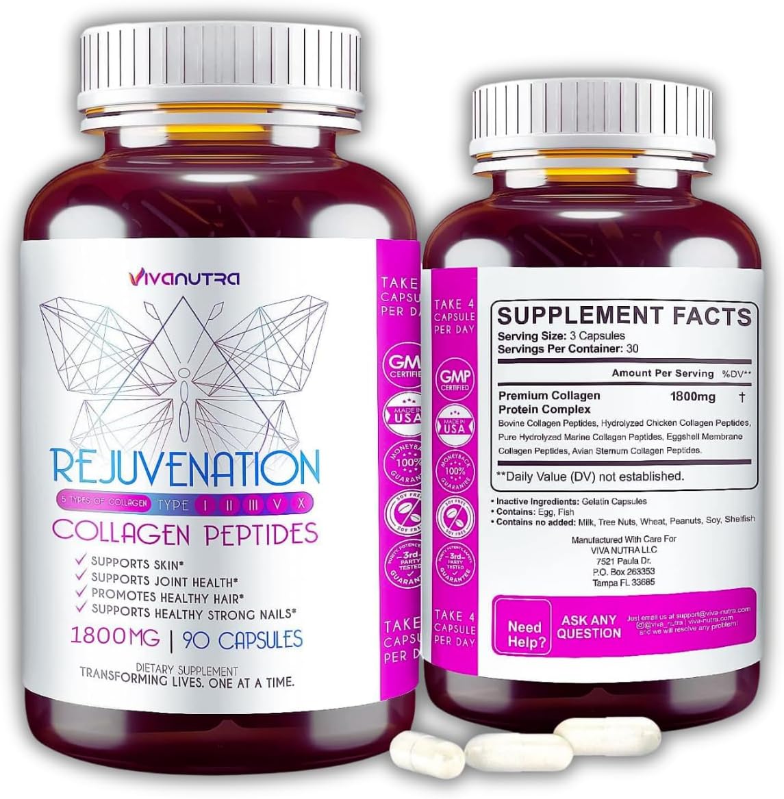 VIVANUTRA Collagen Protein Complex Capsules - 1800mg Hydrolyzed Pills for Women with Bovine & Marine Fish Collagen - Colageno Para Mujeres